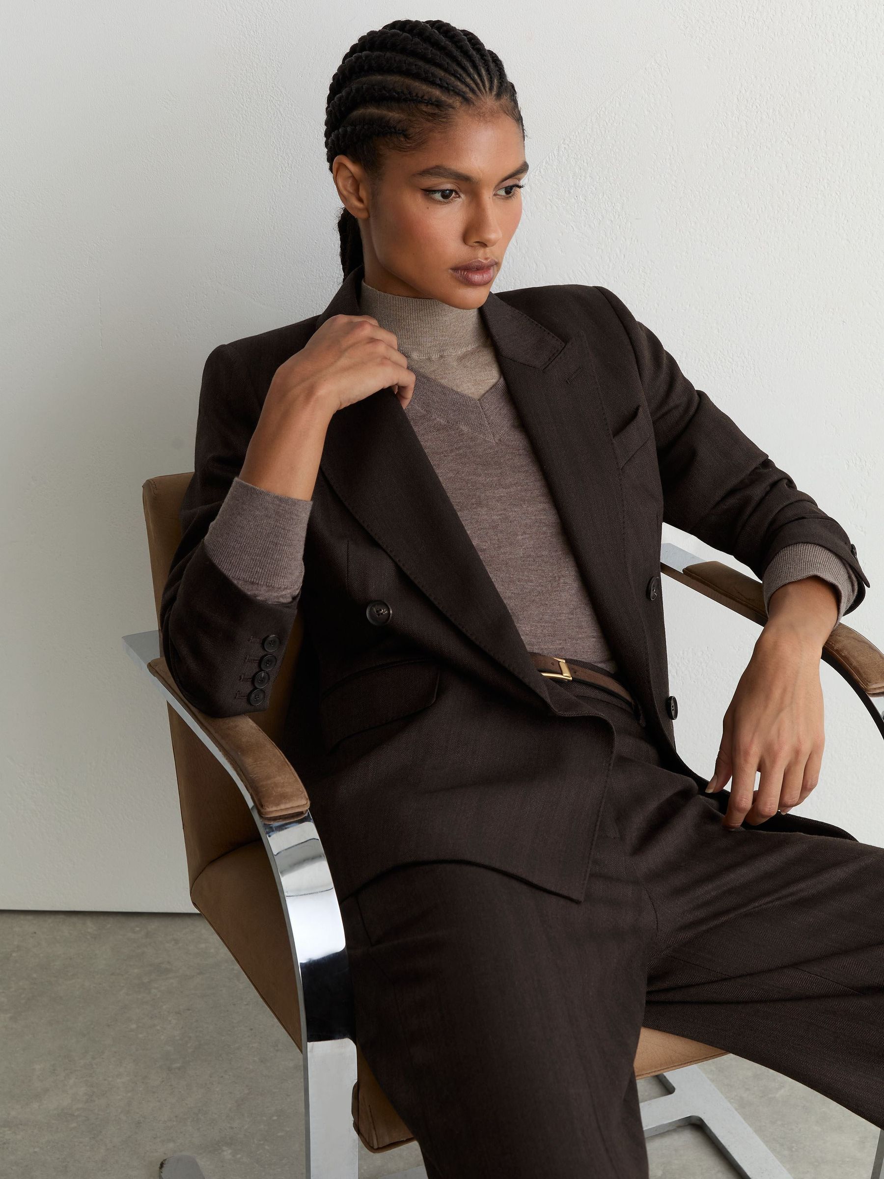 Wool-Blend Herringbone Double-Breasted Blazer in Chocolate Brown - Image 5 of 10