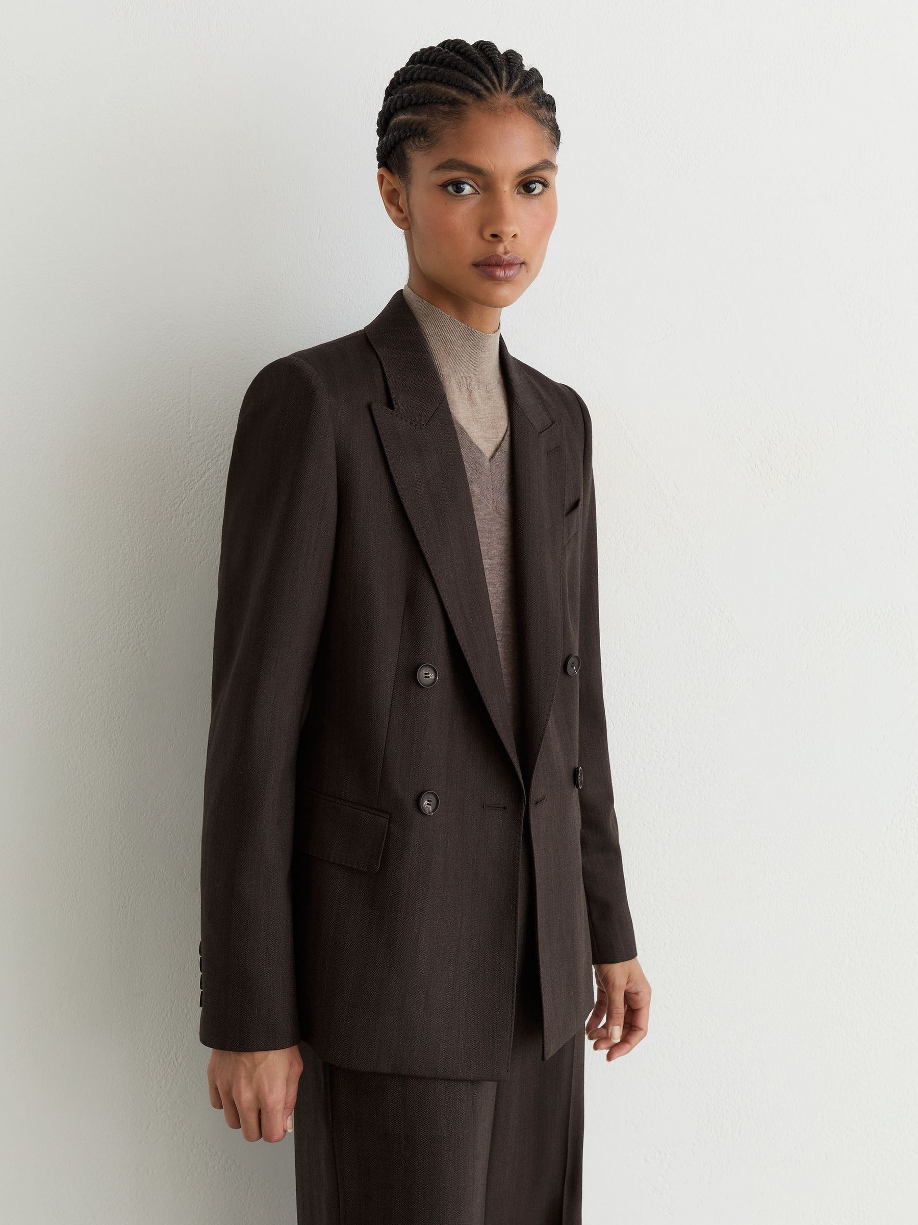 Wool-Blend Herringbone Double-Breasted Blazer in Chocolate Brown - Image 6 of 10