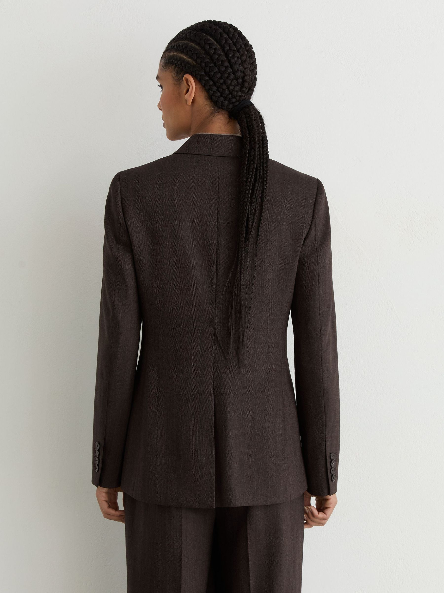 Wool-Blend Herringbone Double-Breasted Blazer in Chocolate Brown - Image 7 of 10