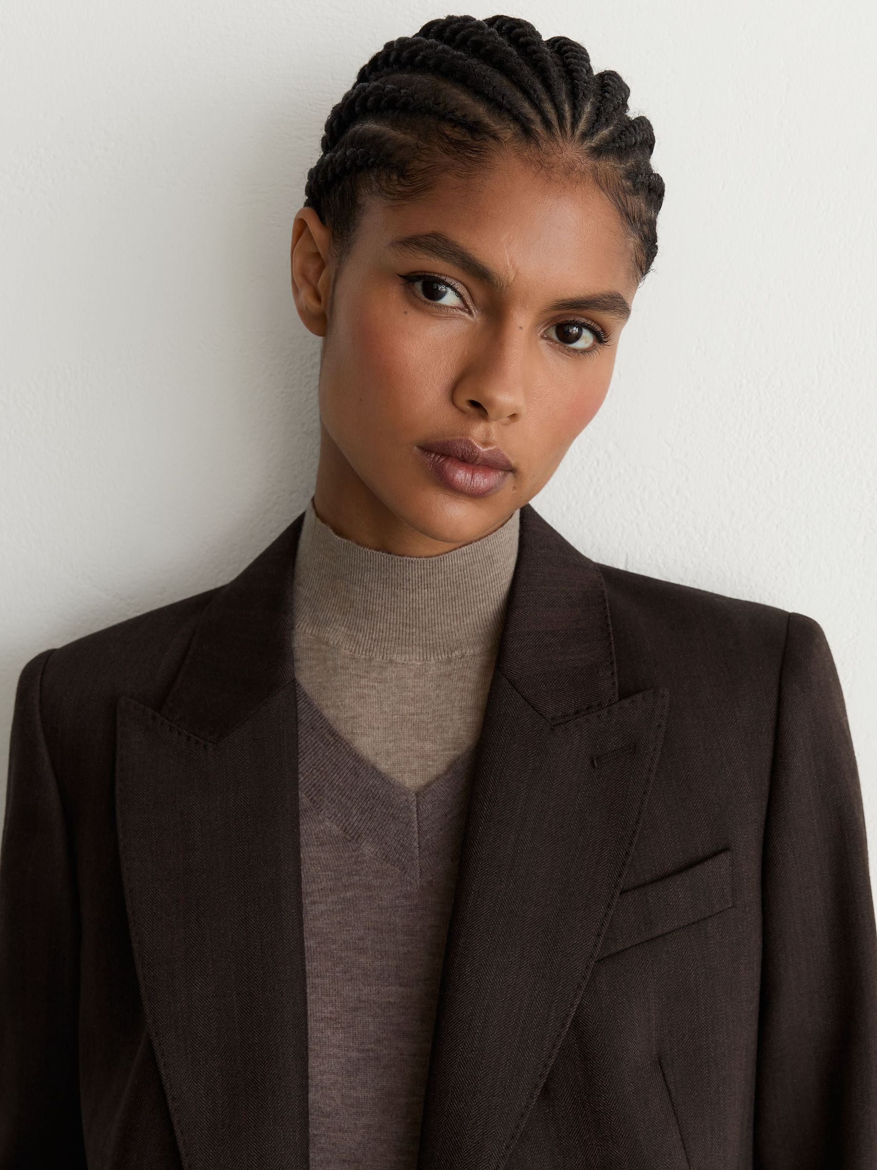 Wool-Blend Herringbone Double-Breasted Blazer in Chocolate Brown - Image 8 of 10