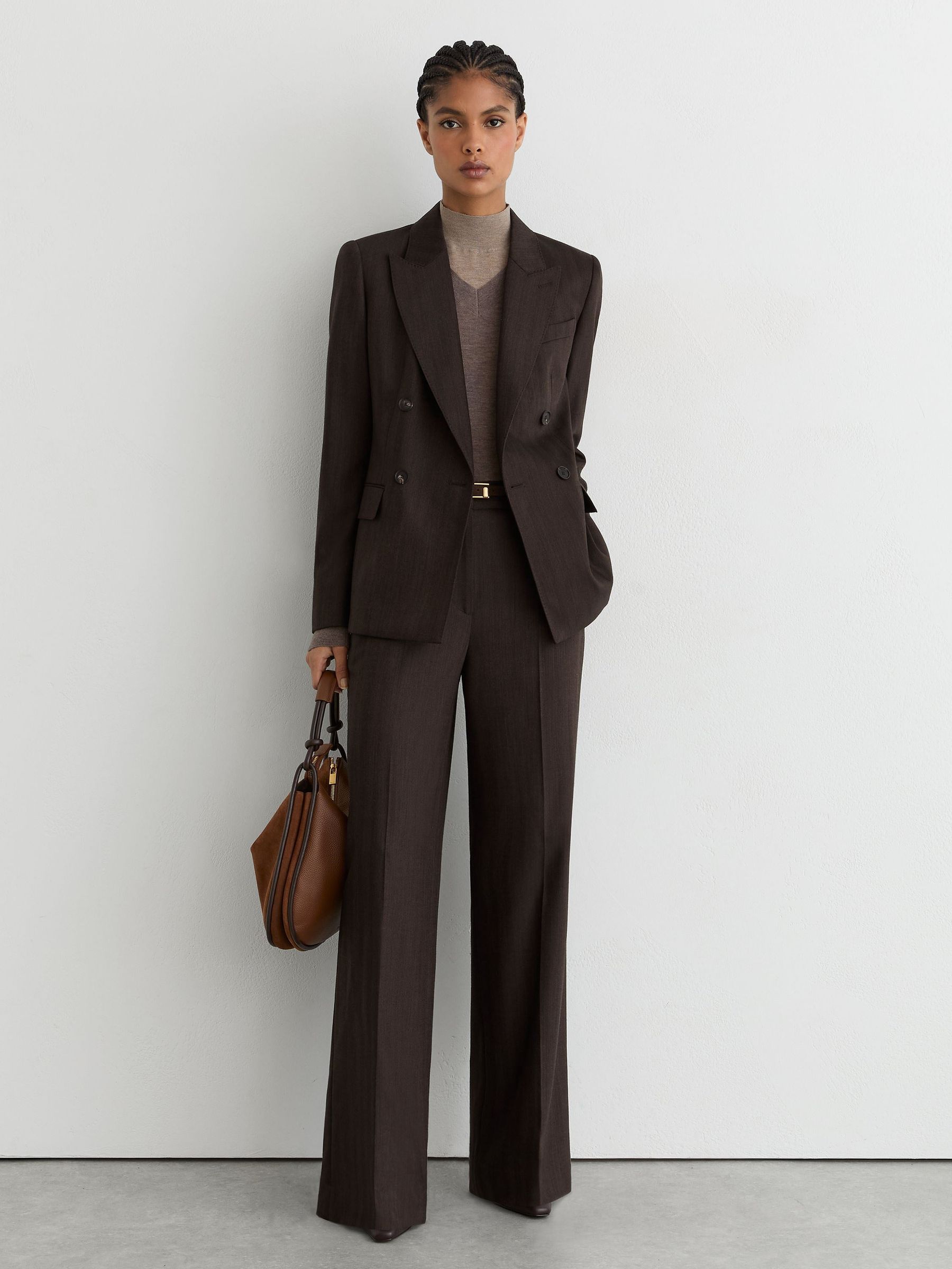 Wool-Blend Herringbone Double-Breasted Blazer in Chocolate Brown - Image 9 of 10