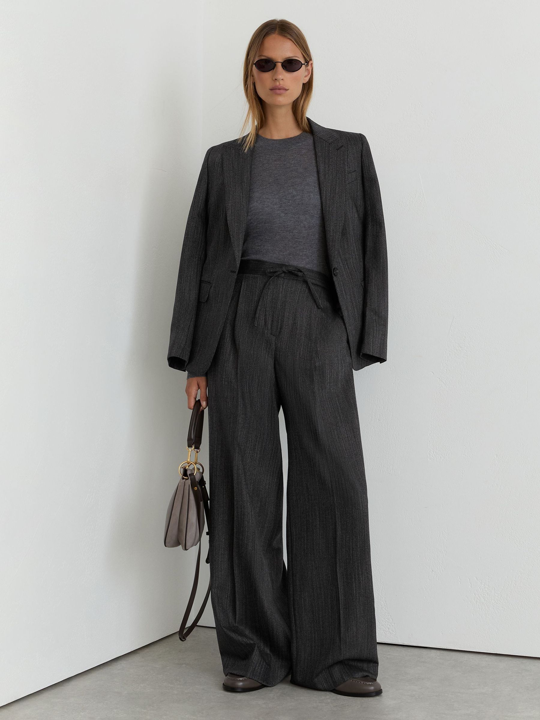 Petite Wool-Blend Wide-Leg Drawstring Trousers in Dark Grey - Image 1 of 11