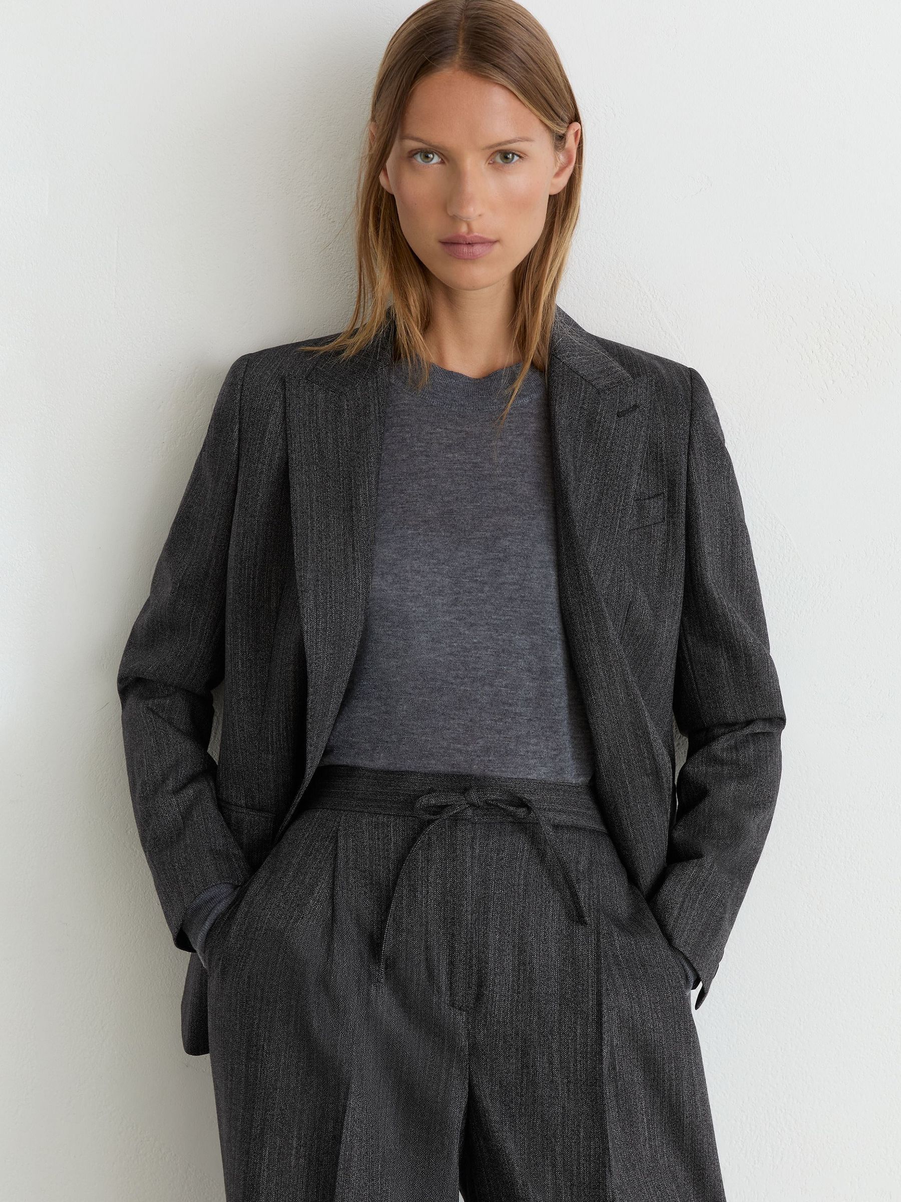 Petite Wool-Blend Wide-Leg Drawstring Trousers in Dark Grey - Image 4 of 11
