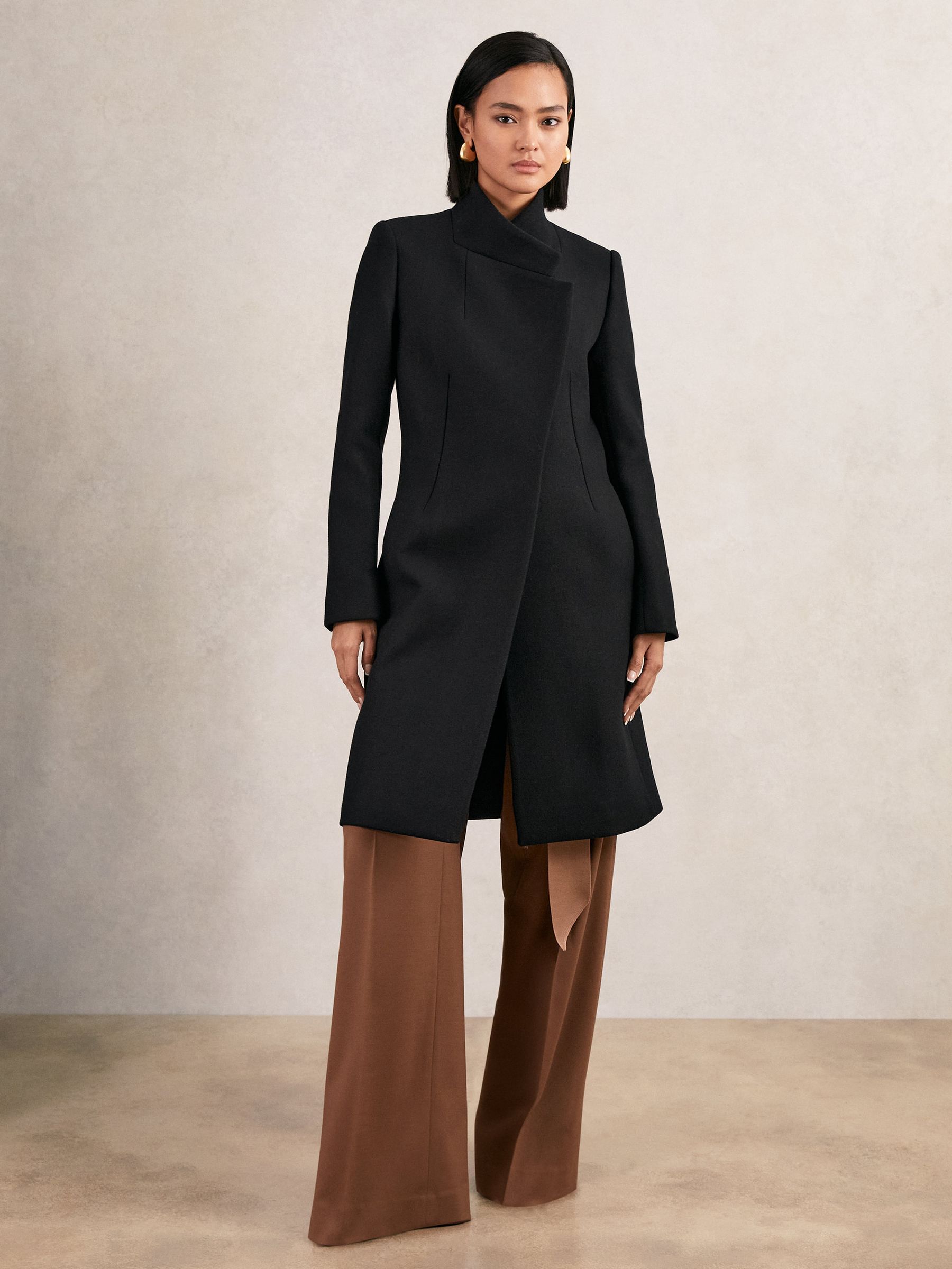 Tall Wool-Blend Wrapover Mid-Length Coat in Black - Image 1 of 7