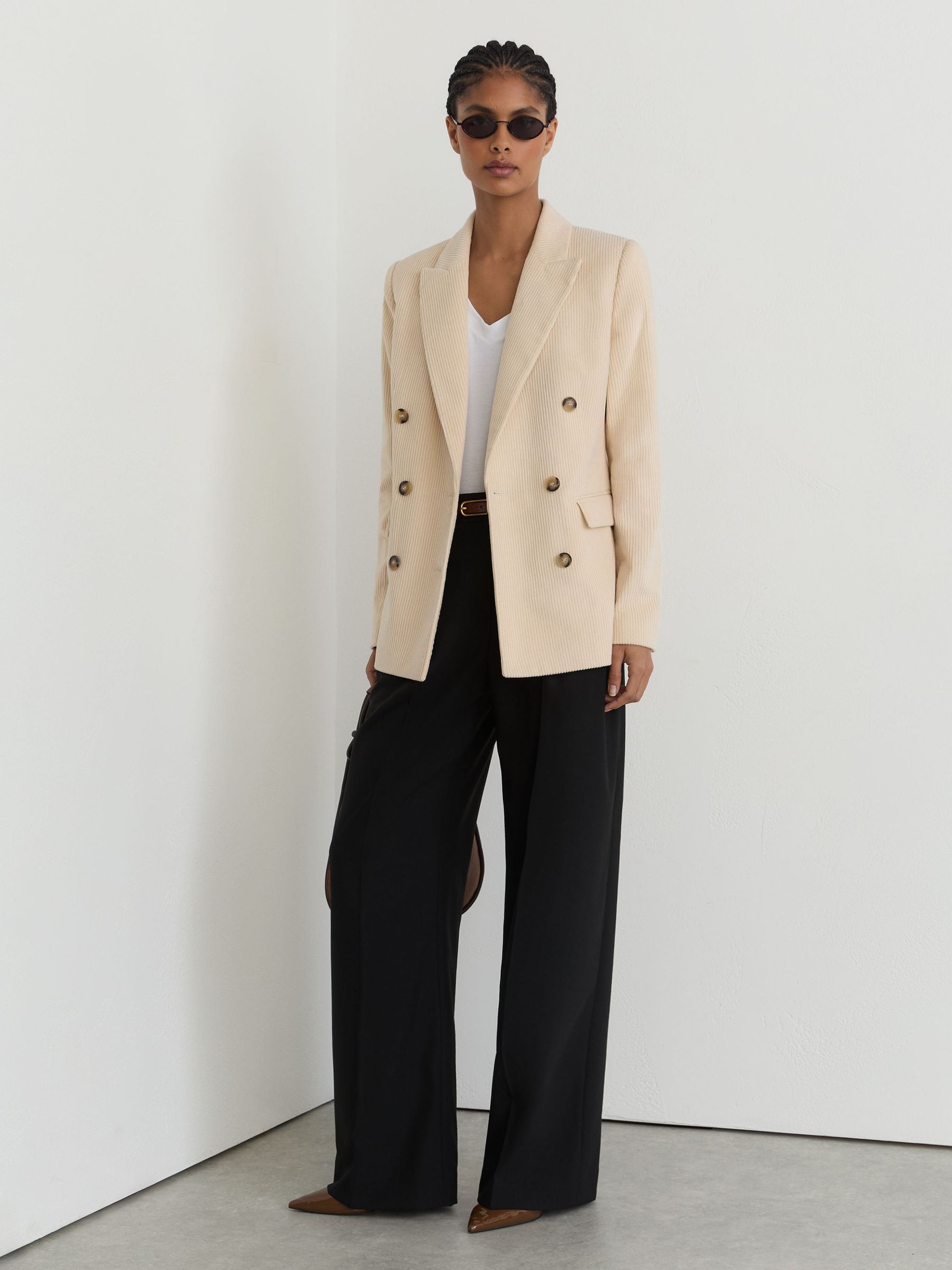 Petite Cotton Corduroy Double-Breasted Blazer in Cream - Image 3 of 8