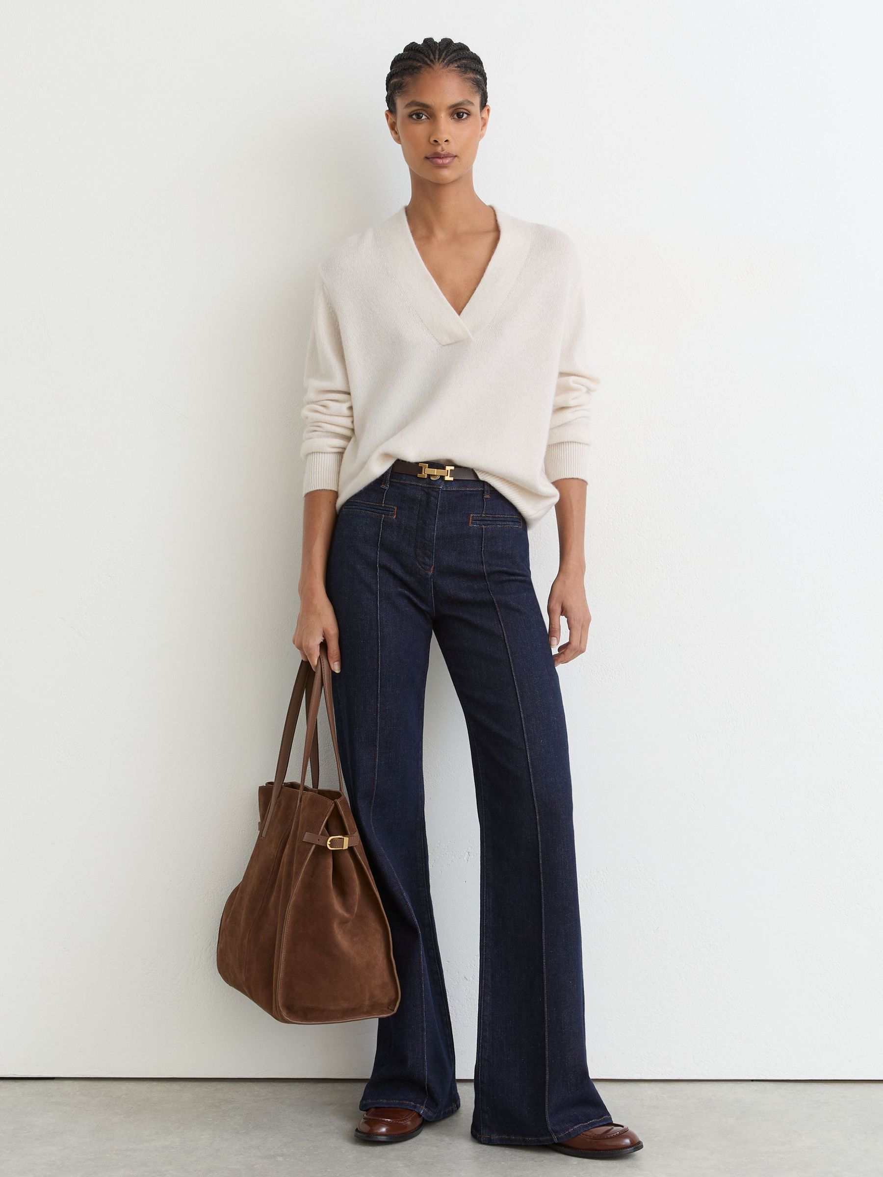 100% Cashmere Shawl-Neck Jumper in Ivory - Image 1 of 7