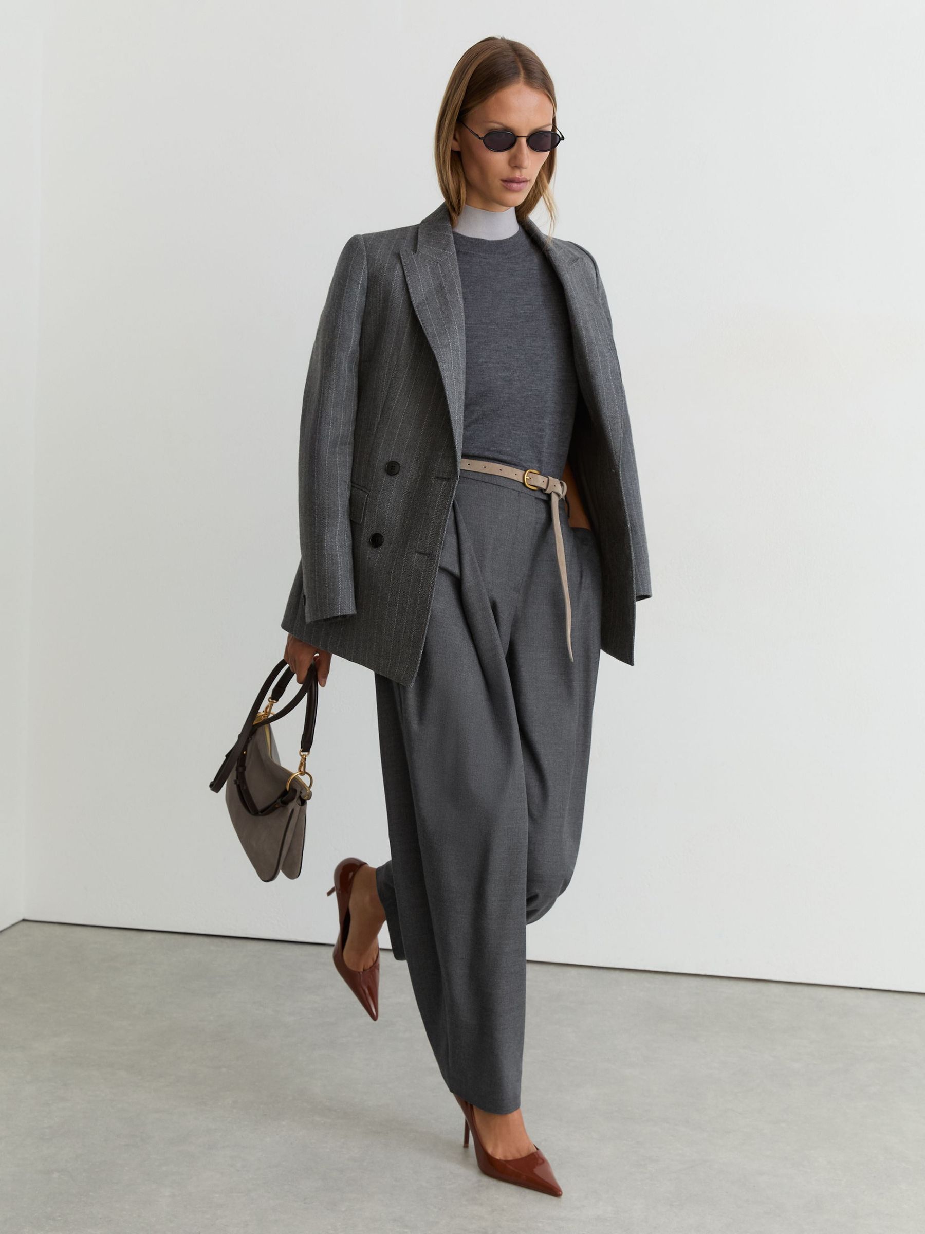 Wool-Blend Pleated Barrel-Leg Trousers in Grey - Image 6 of 10