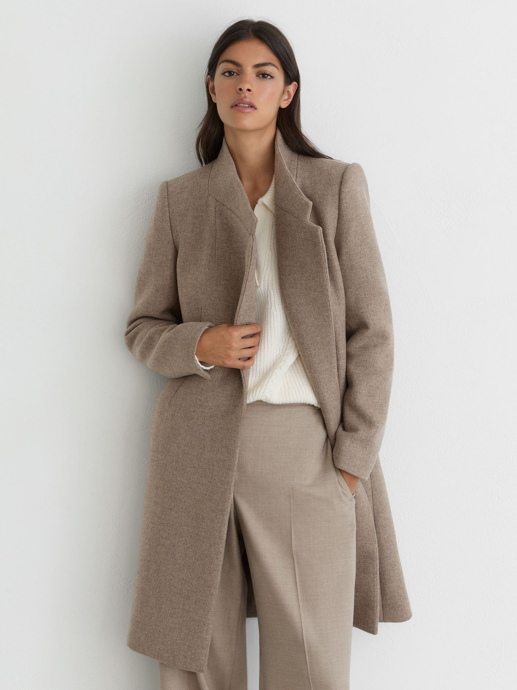 Wool-Blend Wrapover Mid-Length Coat in Neutral Melange - Image 4 of 7