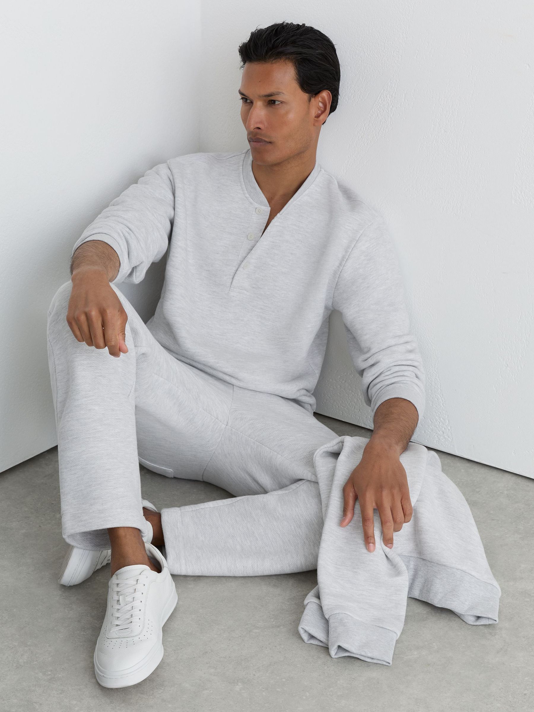 Cotton-Blend Henley Sweatshirt in Grey Melange - Image 1 of 6