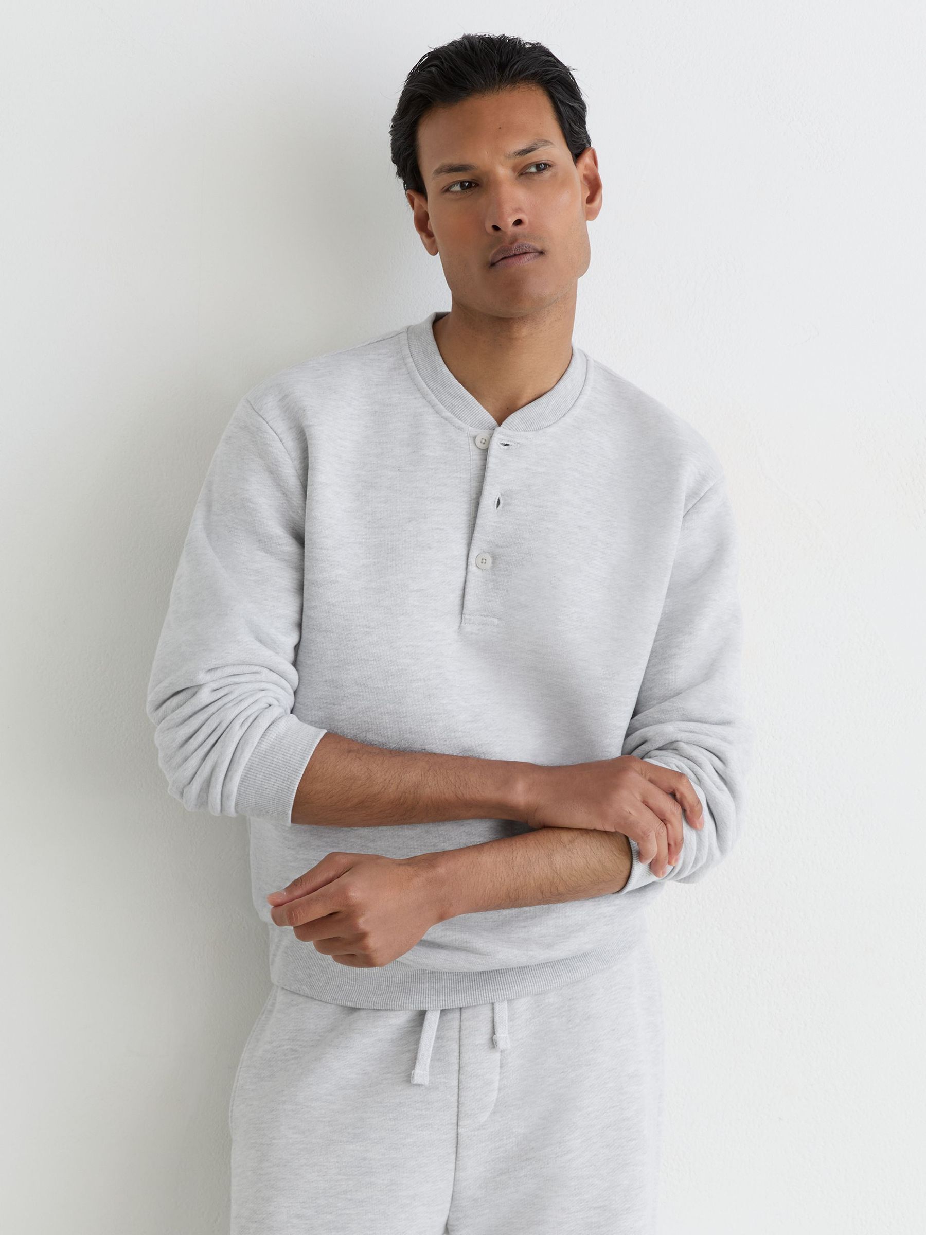 Cotton-Blend Henley Sweatshirt in Grey Melange - Image 4 of 6