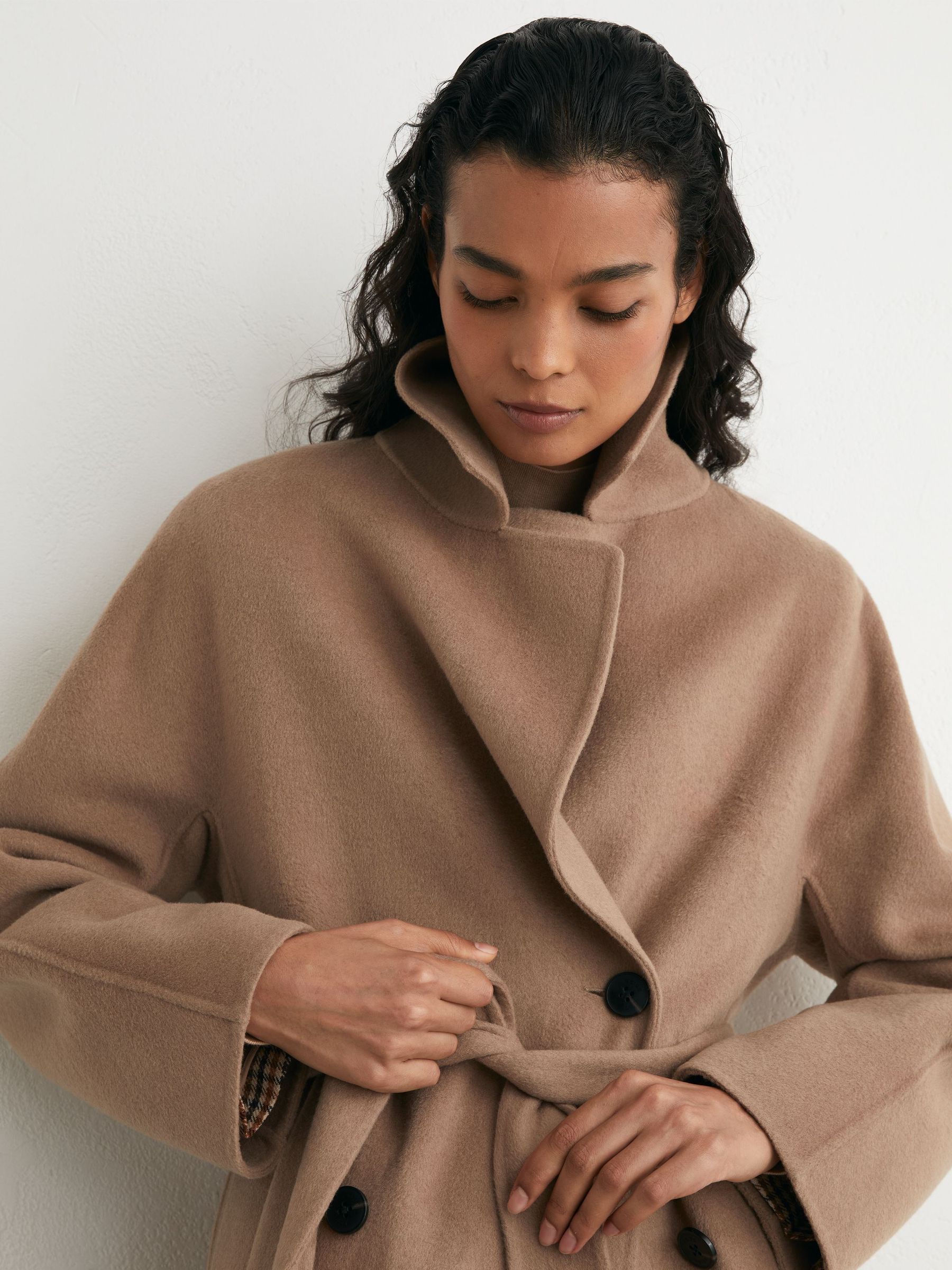 Tall Wool-Blend Blindseam Double-Breasted Coat in Camel - Image 3 of 10