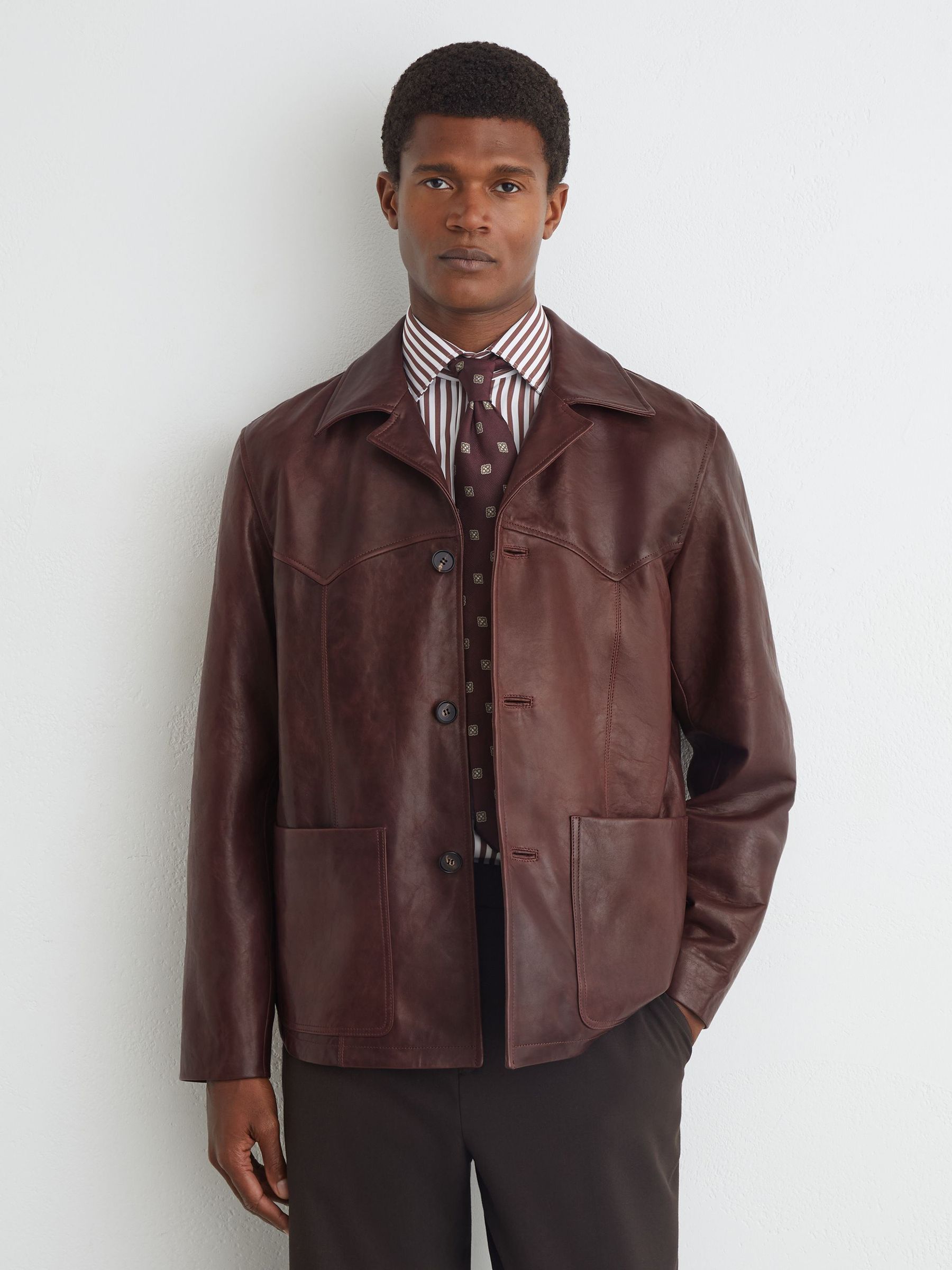Burnished-Leather Button-Through Jacket in Dark Brown - Image 4 of 9