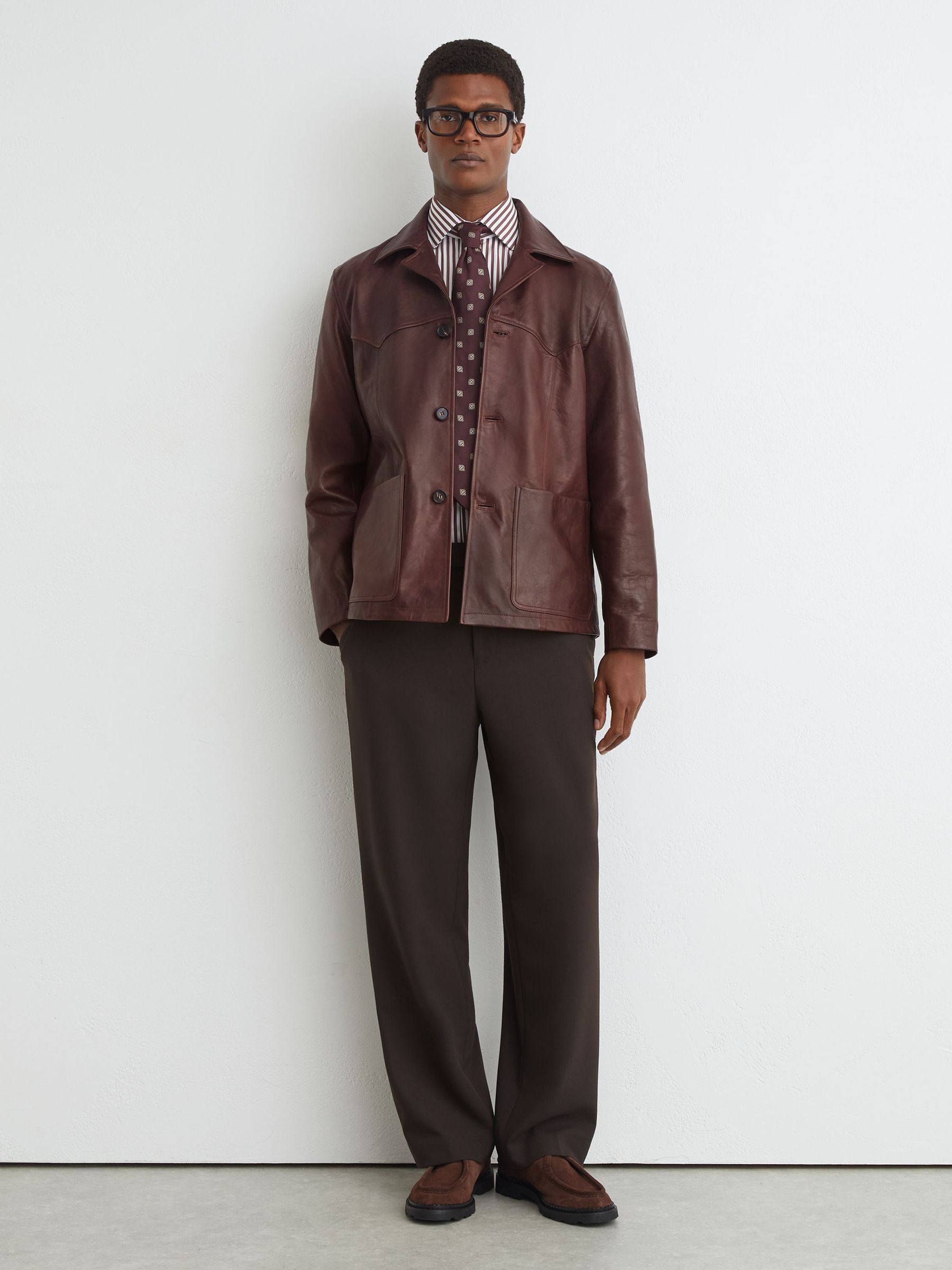 Burnished-Leather Button-Through Jacket in Dark Brown - Image 5 of 9