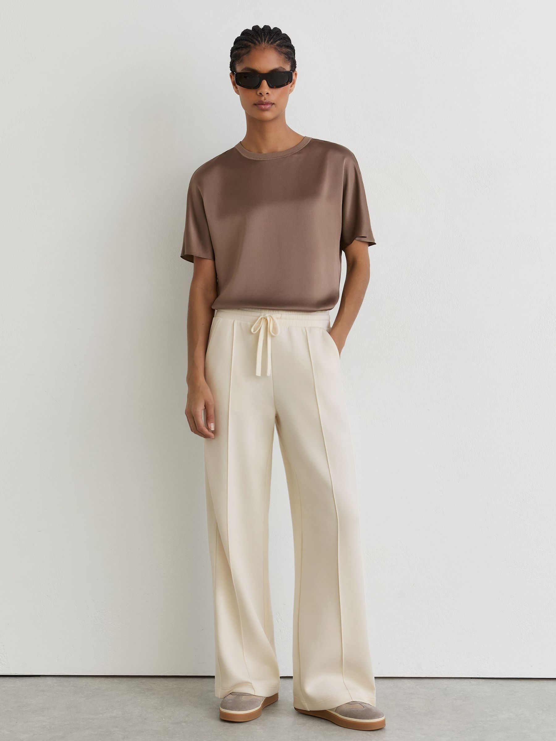 Petite Premium Interlock Wide-Leg Joggers in Ivory - Image 1 of 9