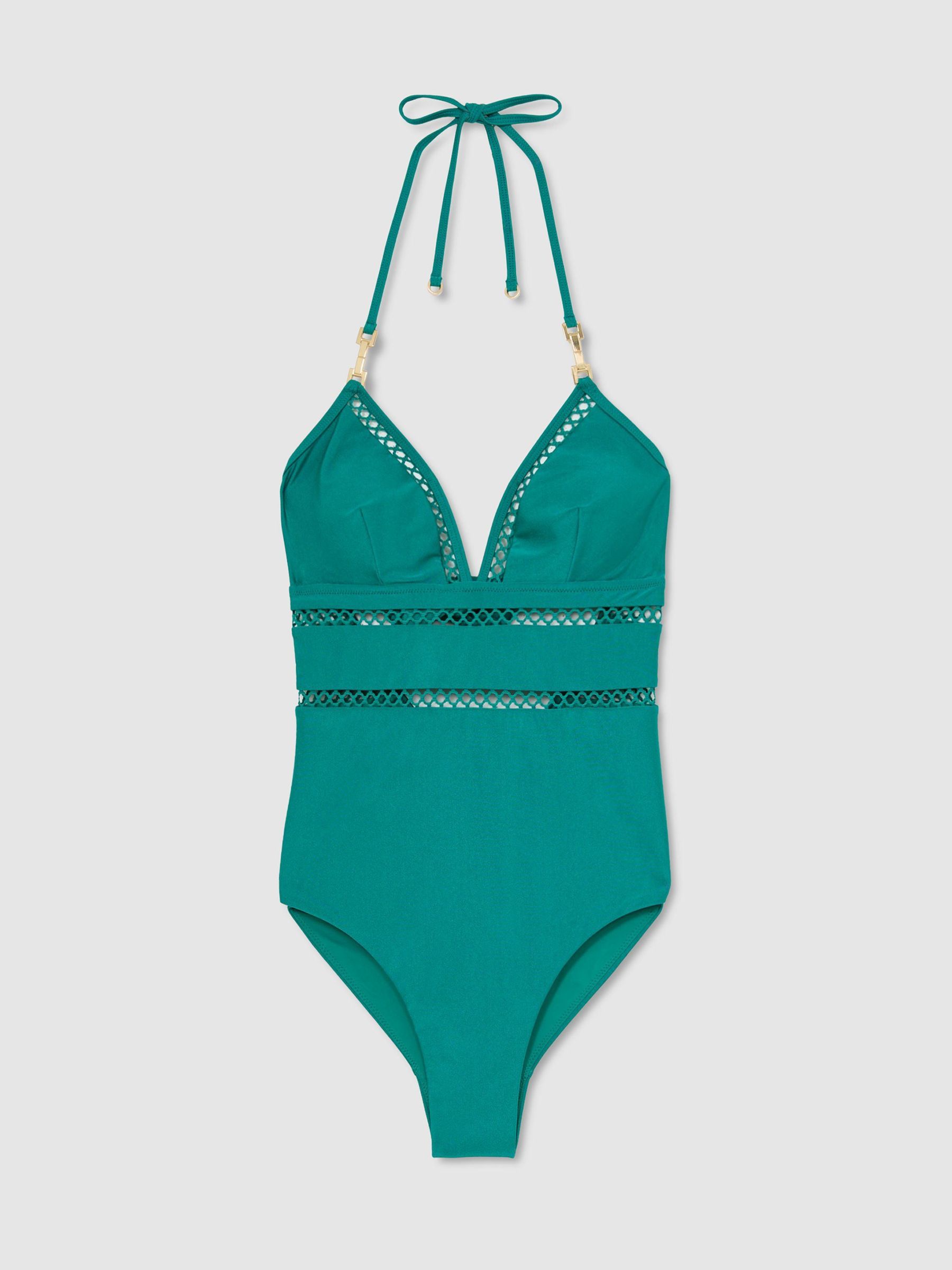 Shimmer Lattice-Trim Swimsuit in Teal Blue - Obrázek 2 z 6