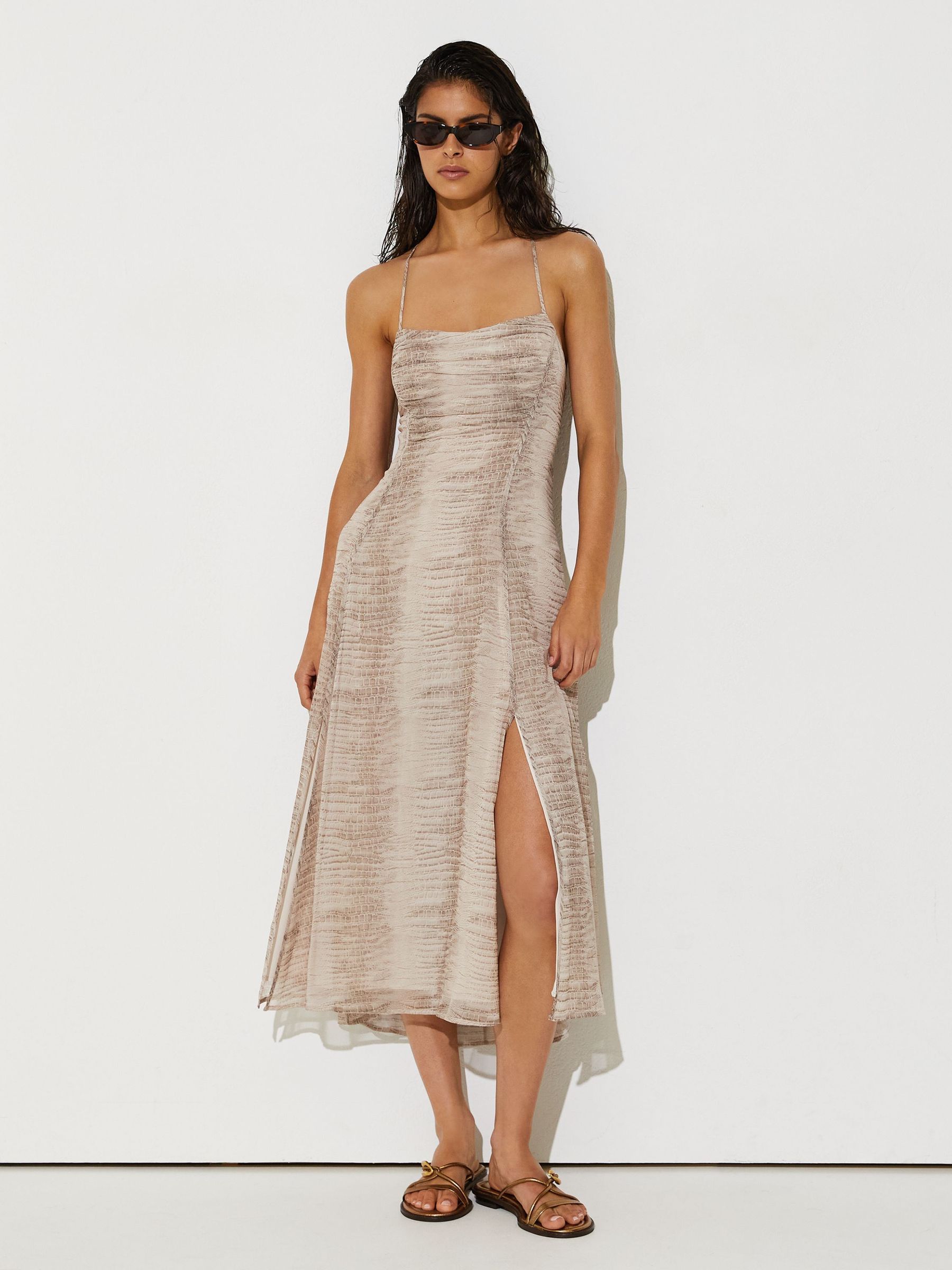 reiss beach dress Snake-Print Midi in Neutral edged lace