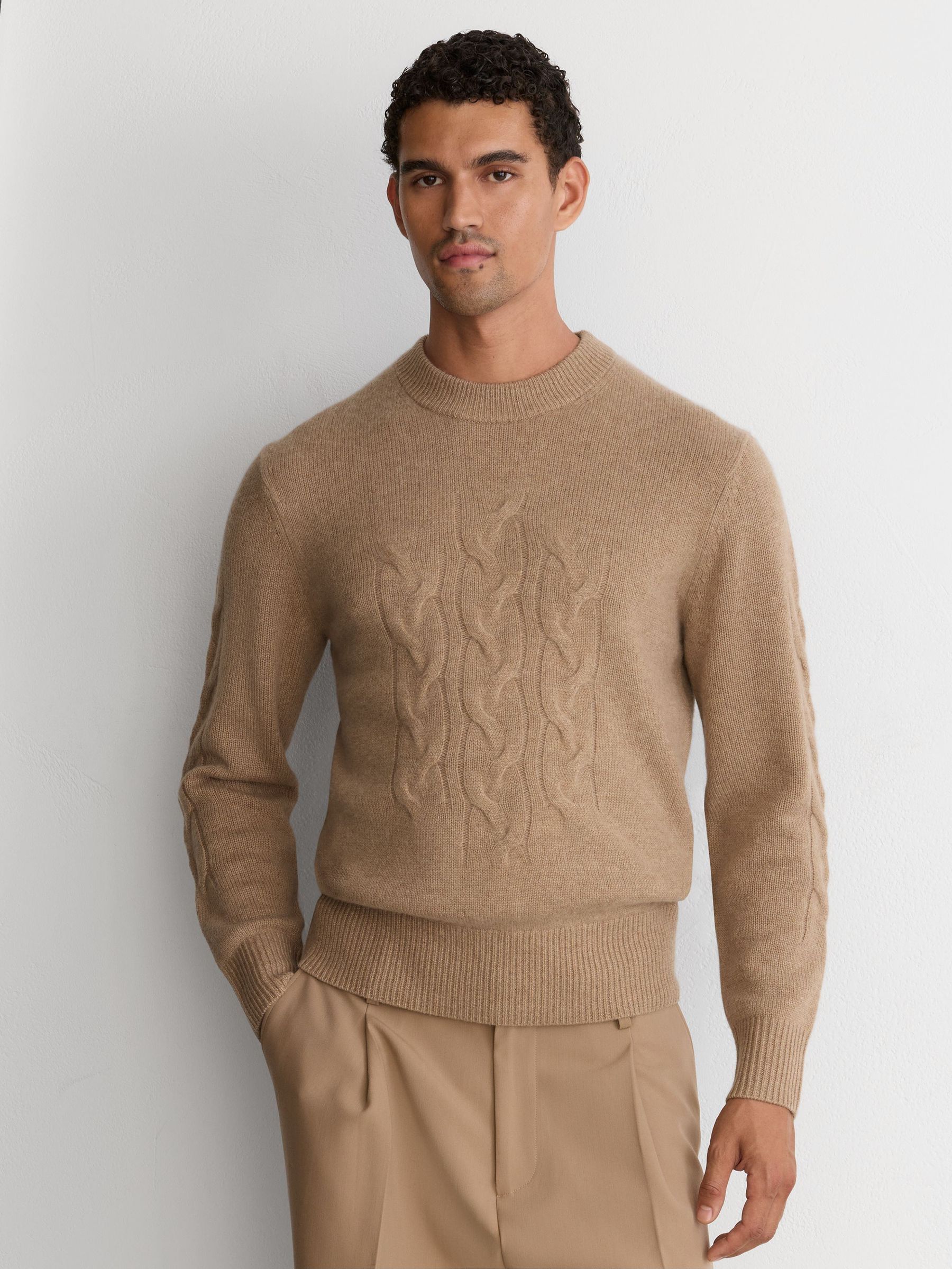 100% Cashmere Cable Knit-Detail Jumper in Camel - Image 1 of 8 100% Cashmere Cable Knit-Detail Jumper in Camel - Image 1 of 8