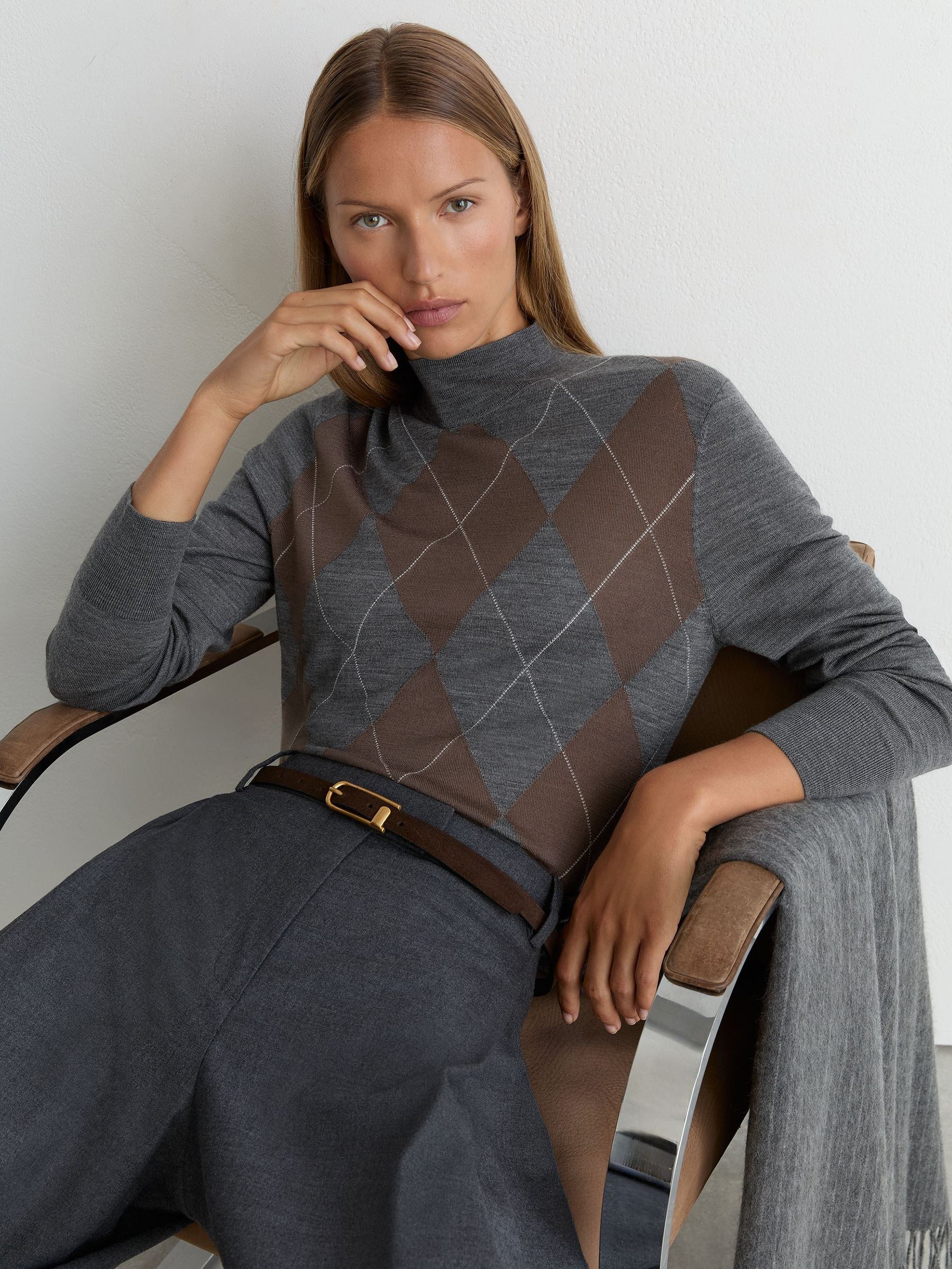 Wool Argyle Funnel-Neck Jumper in Grey - Image 1 of 6