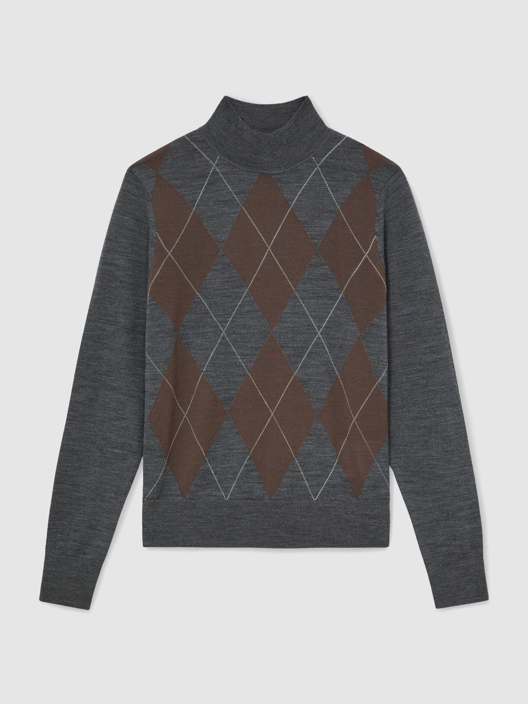 Wool Argyle Funnel-Neck Jumper in Grey - Image 2 of 6
