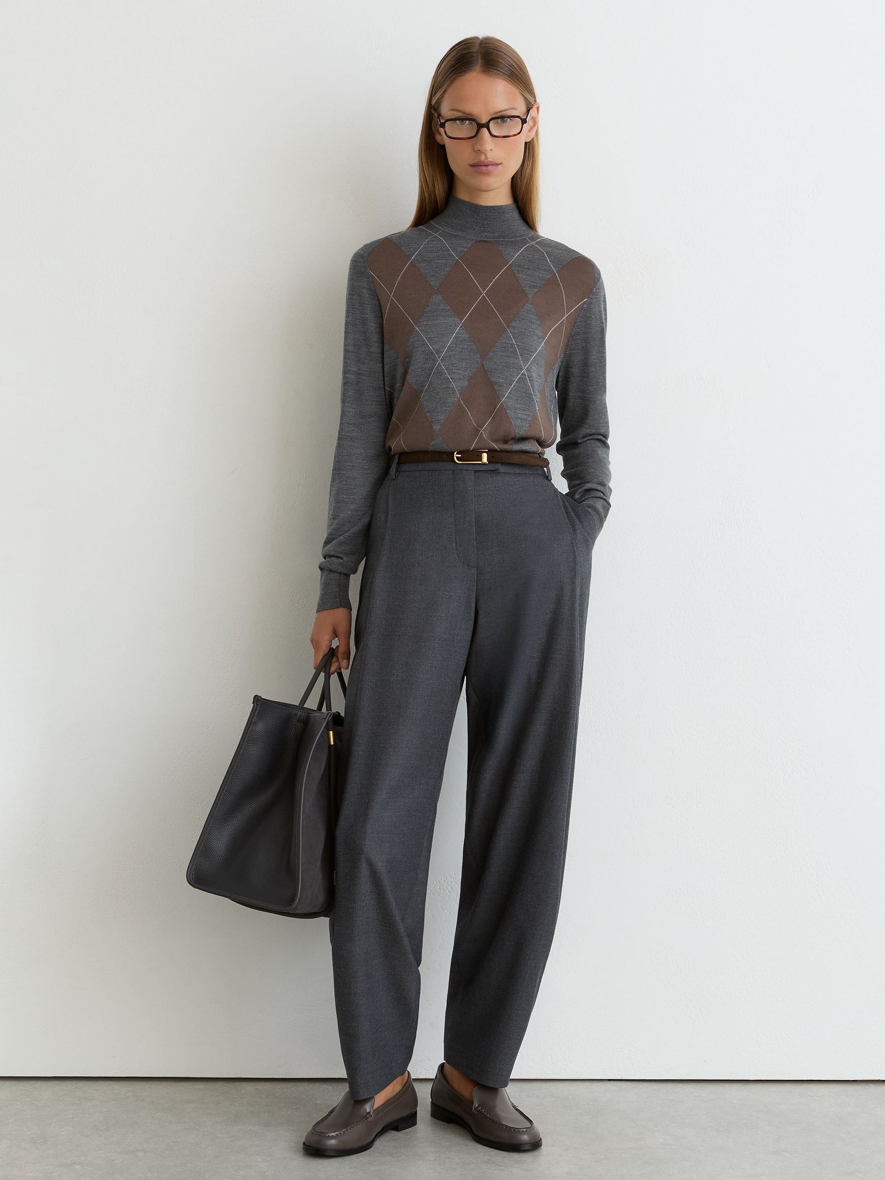 Wool Argyle Funnel-Neck Jumper in Grey - Image 3 of 6