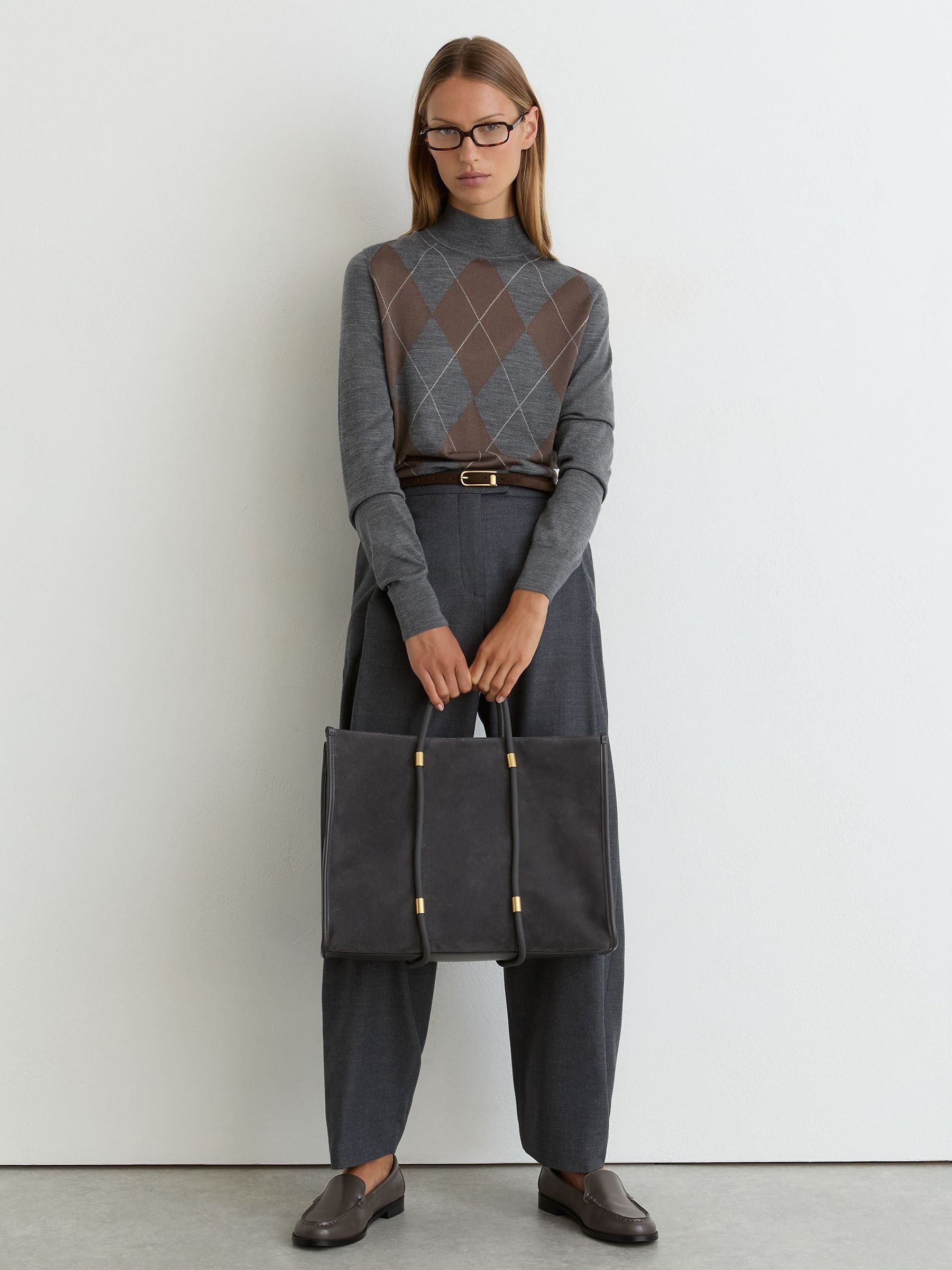 Wool Argyle Funnel-Neck Jumper in Grey - Image 6 of 6