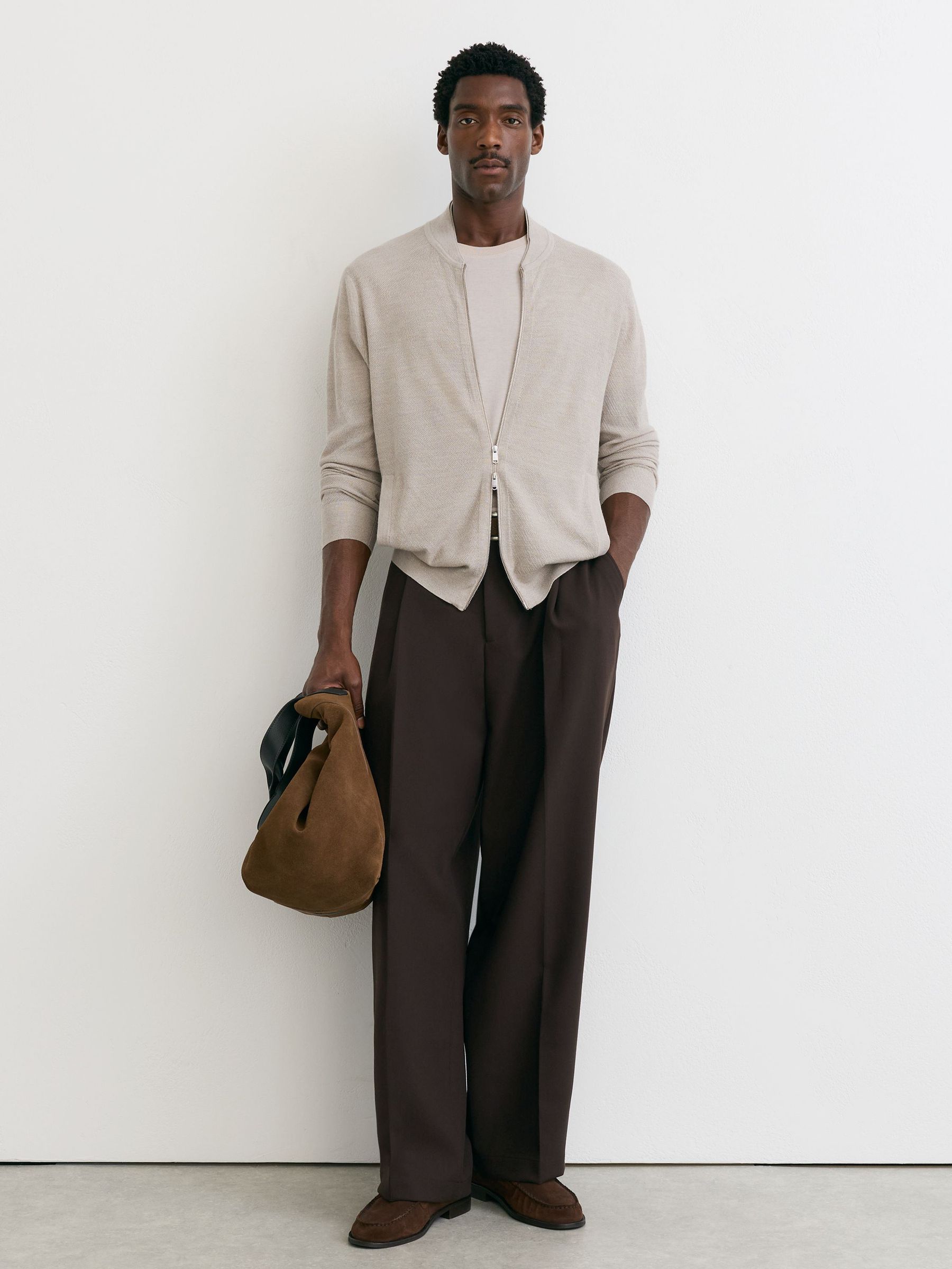Merino Wool Textured Bomber Cardigan in Stone Mouline - Image 1 of 7