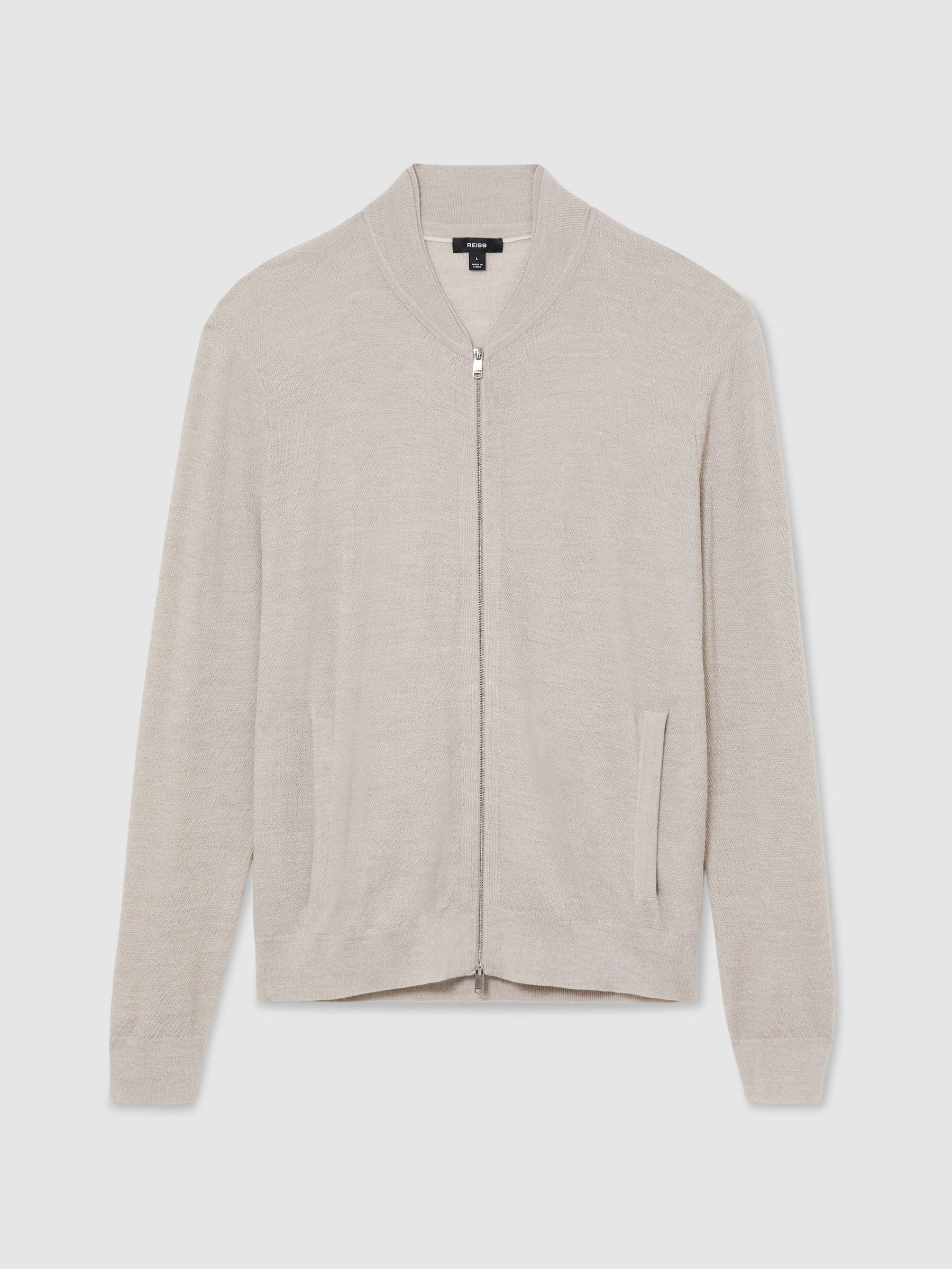 Merino Wool Textured Bomber Cardigan in Stone Mouline - Image 2 of 7