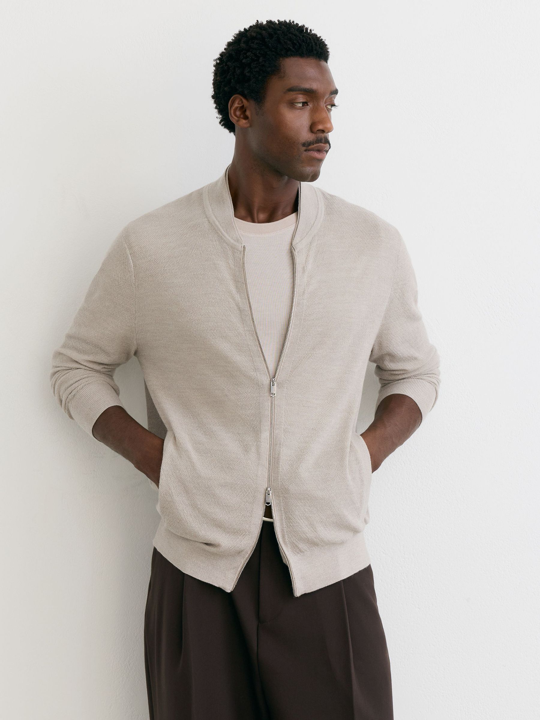 Merino Wool Textured Bomber Cardigan in Stone Mouline - Image 3 of 7