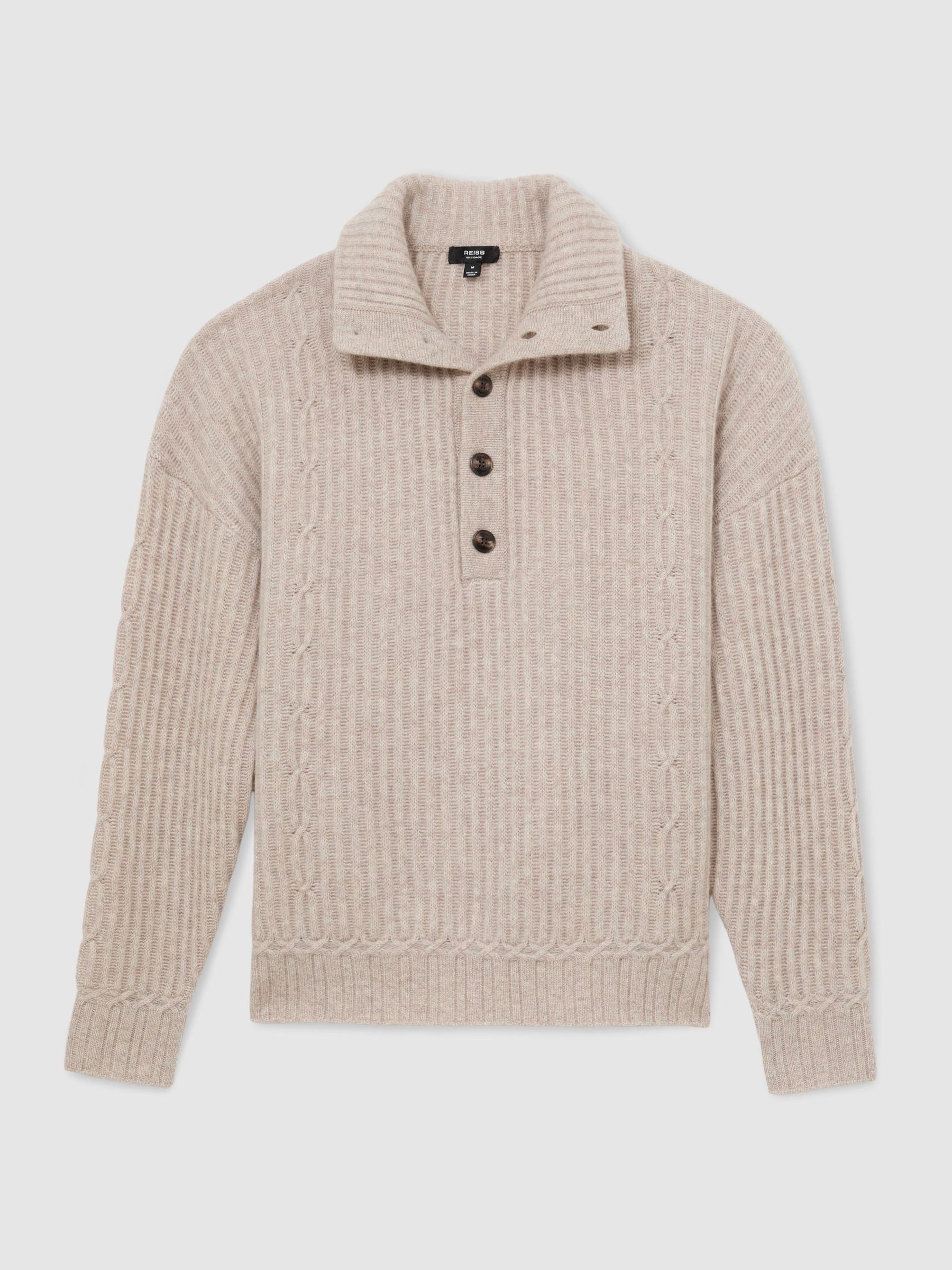 100% Cashmere Rib-Knit Half-Button Jumper in Oatmeal - Image 2 of 7