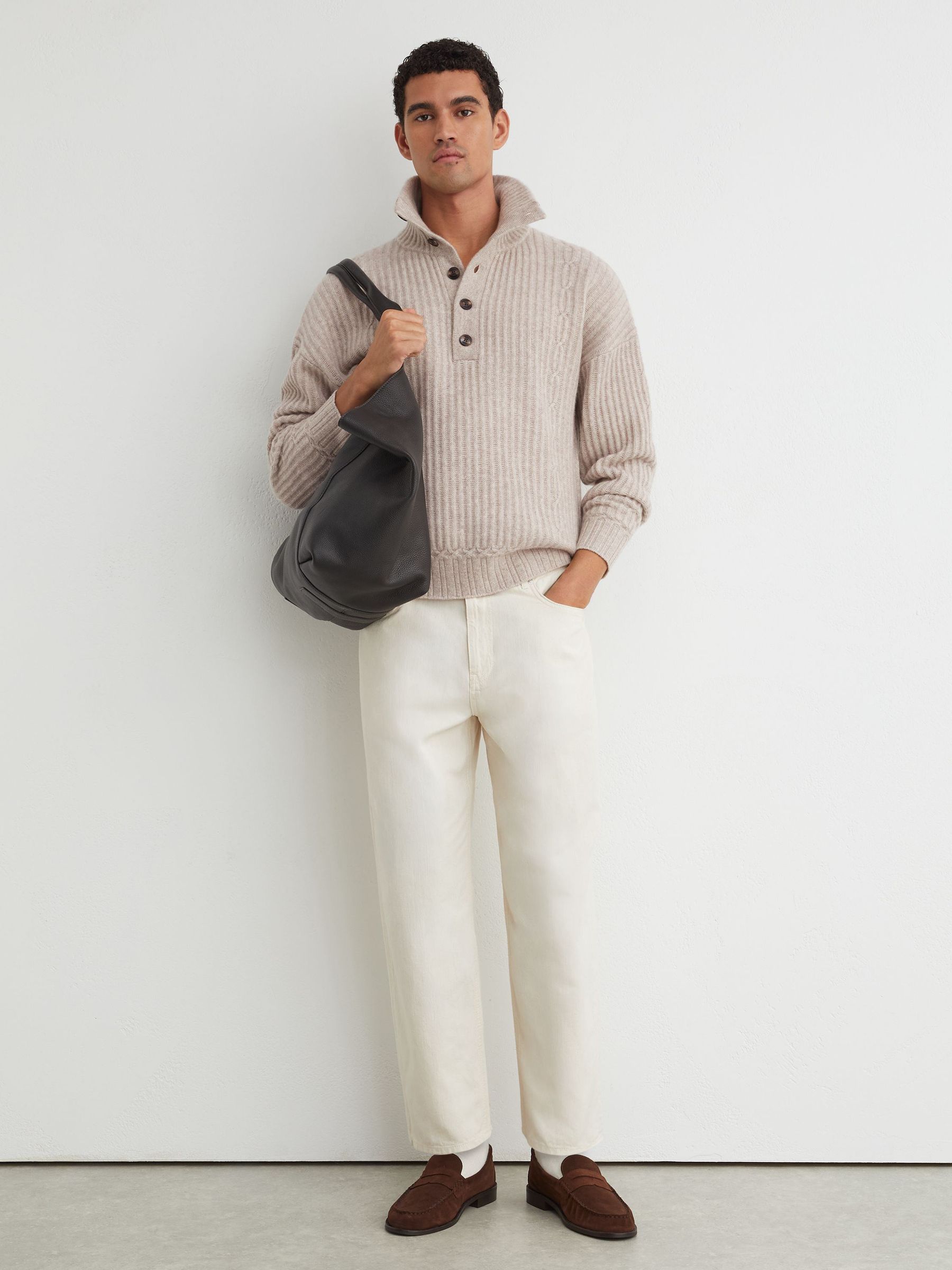 100% Cashmere Rib-Knit Half-Button Jumper in Oatmeal - Image 3 of 7