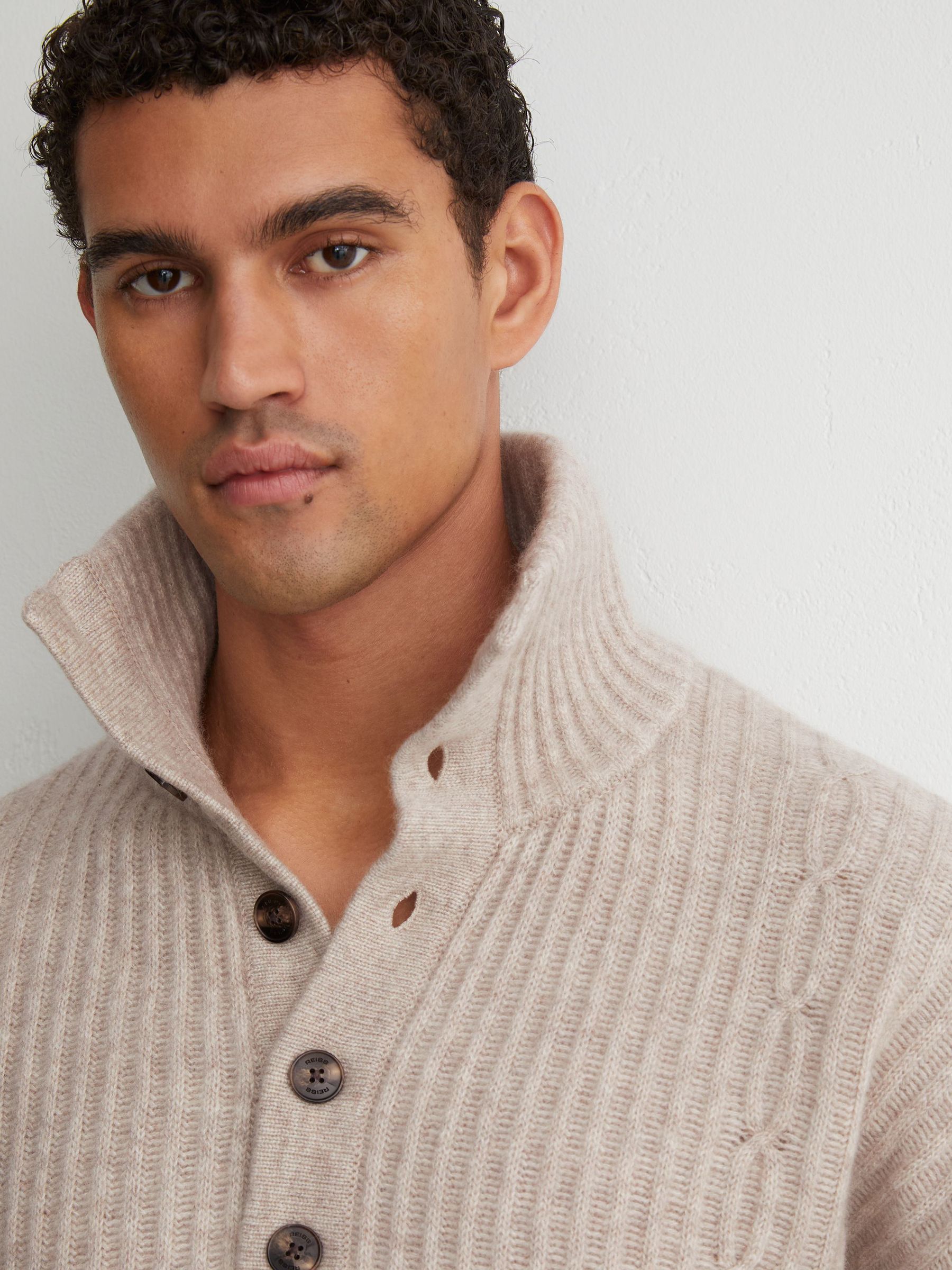 100% Cashmere Rib-Knit Half-Button Jumper in Oatmeal - Image 6 of 7