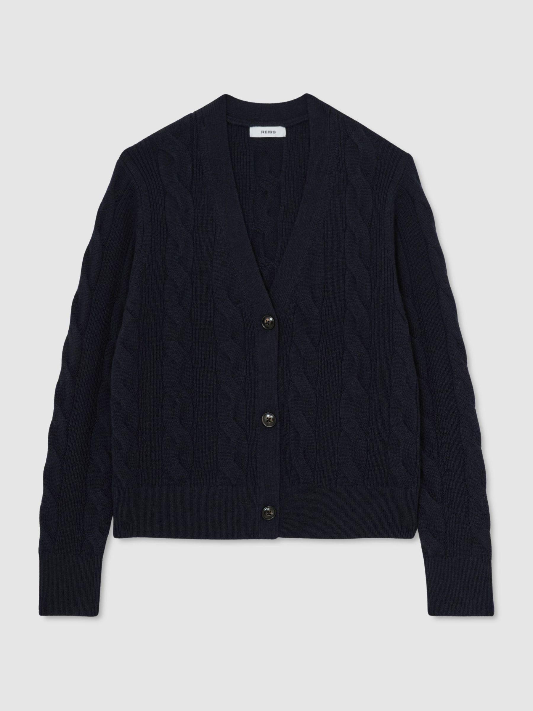 Wool-Cashmere Cable-Knit Cardigan in Navy - Billede 2 af 6