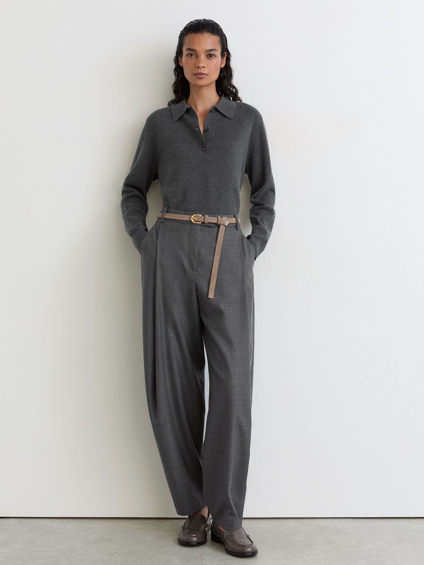 Merino Wool Knitted Polo Jumper in Grey Marl - Image 1 of 7 Merino Wool Knitted Polo Jumper in Grey Marl - Image 1 of 7
