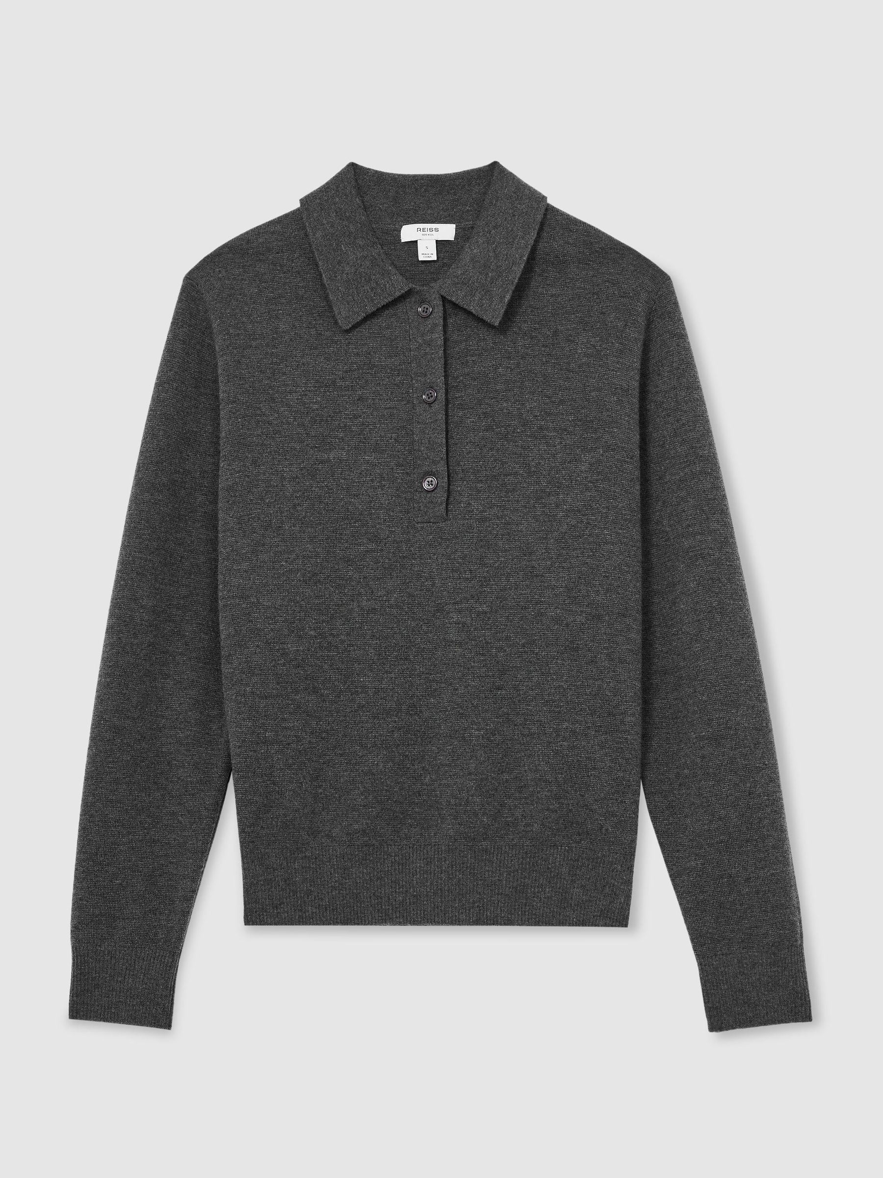 Merino Wool Knitted Polo Jumper in Grey Marl - Image 2 of 7 Merino Wool Knitted Polo Jumper in Grey Marl - Image 2 of 7