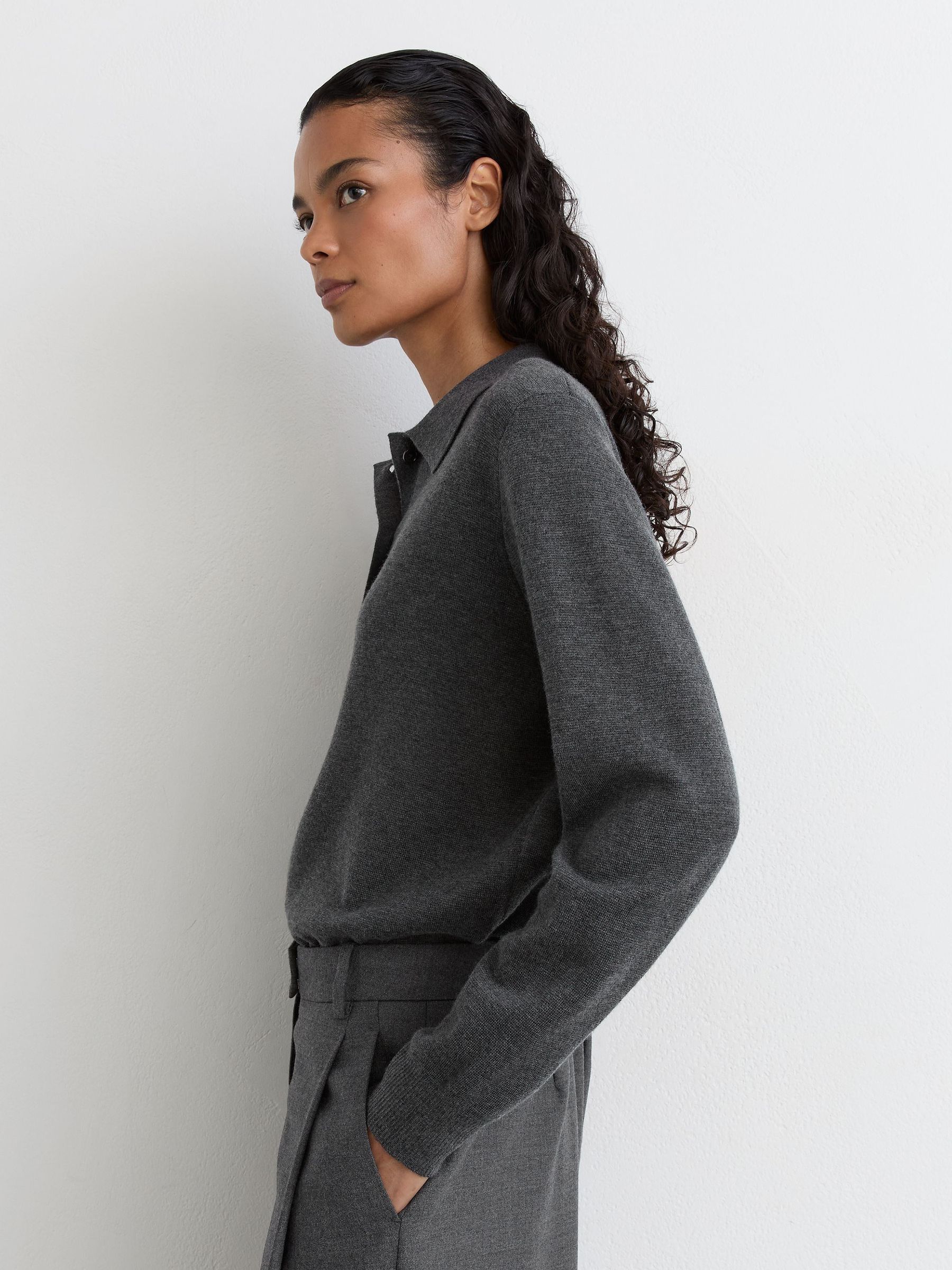 Merino Wool Knitted Polo Jumper in Grey Marl - Image 4 of 7