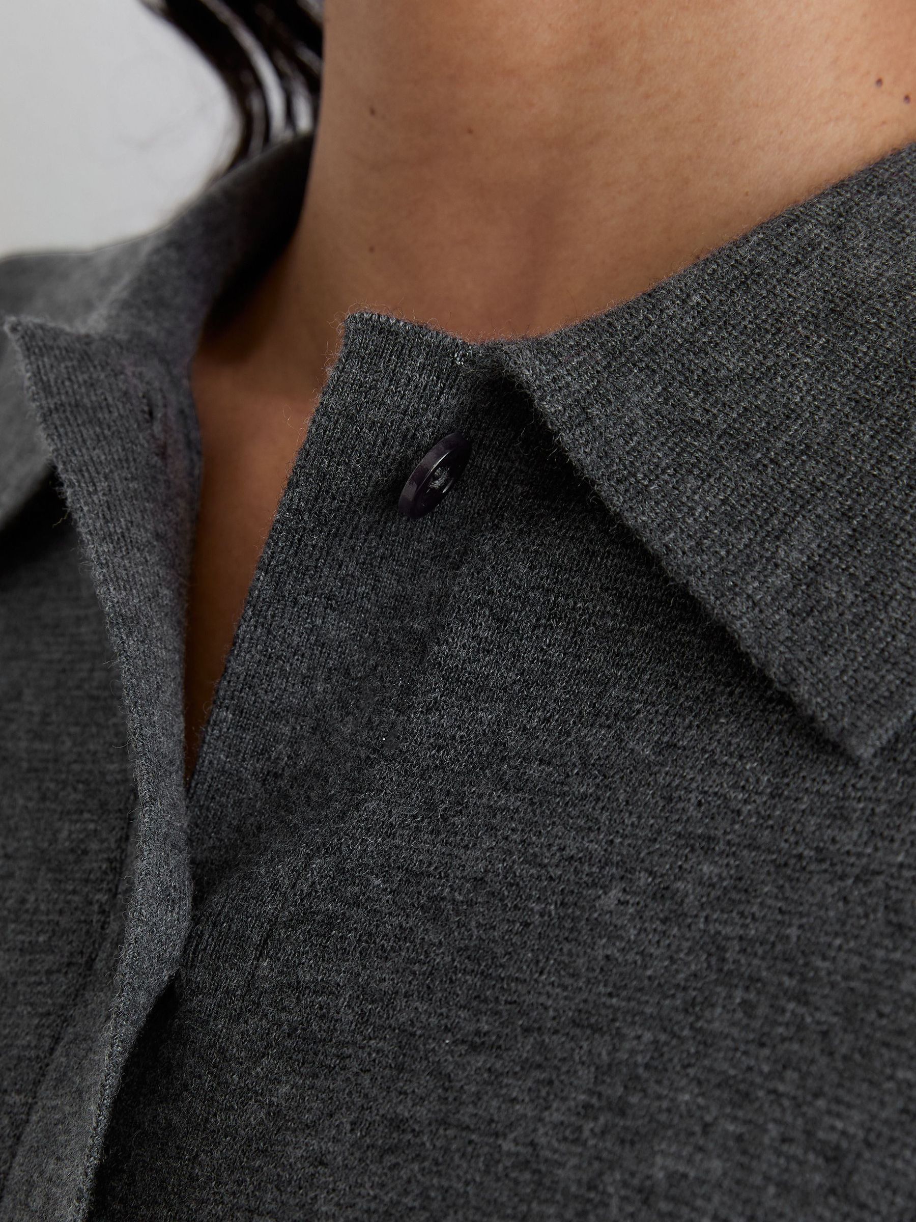 Merino Wool Knitted Polo Jumper in Grey Marl - Image 6 of 7