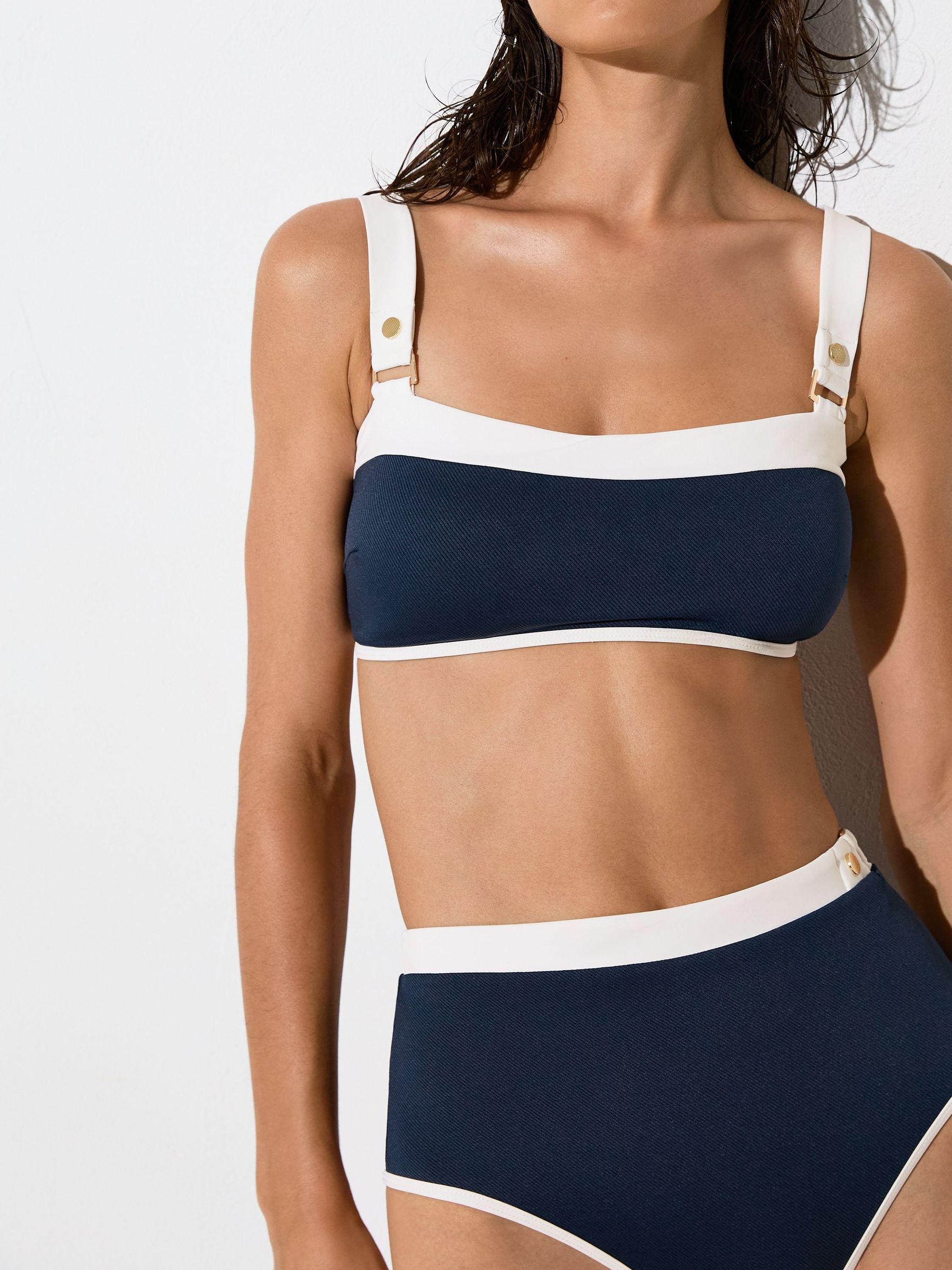 Textured Colour-Block Bikini Top in Navy/Ivory - Image 3 of 5