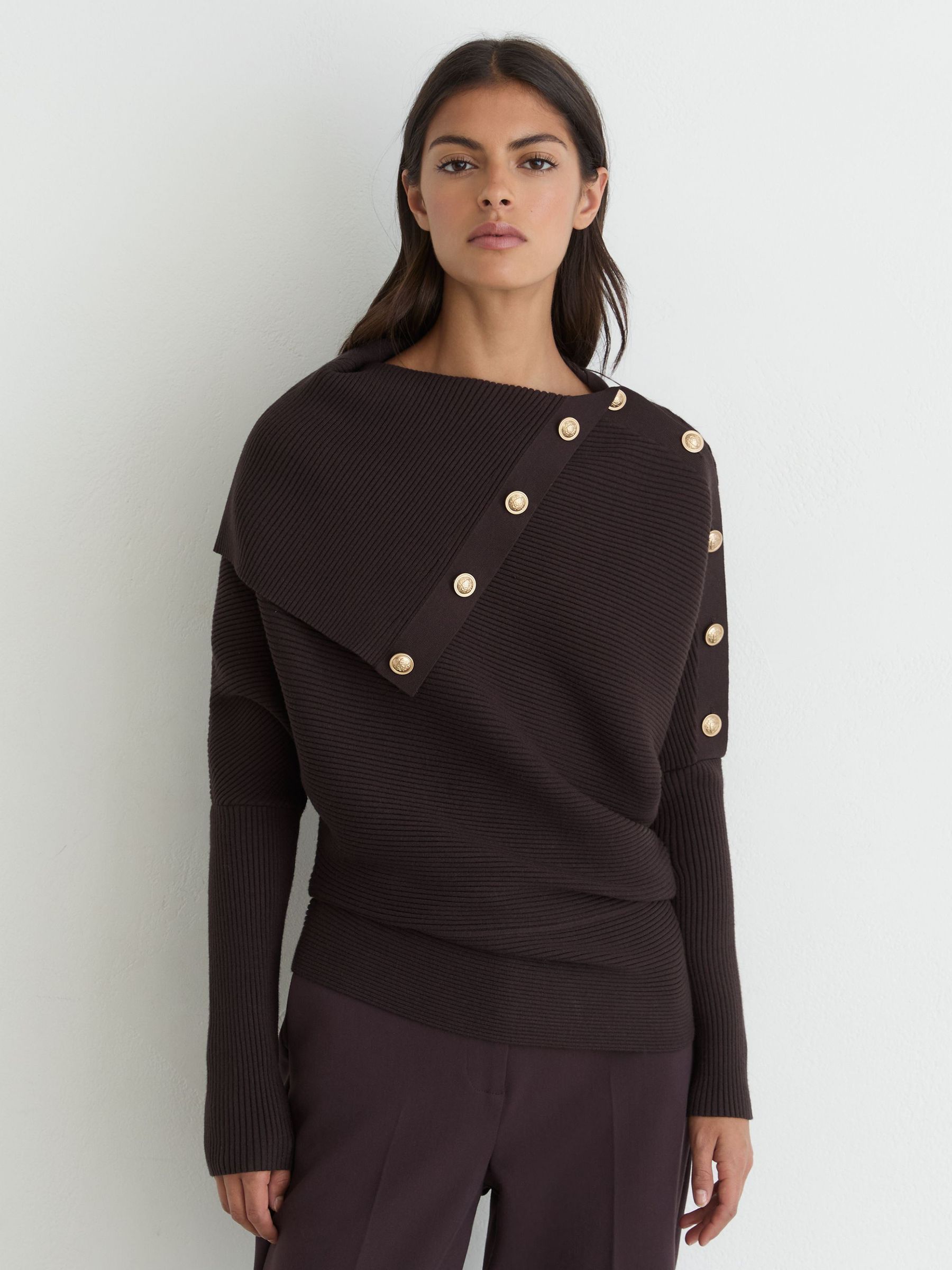 Rib-Knit Button Shawl Jumper in Berry Purple - Image 4 of 6