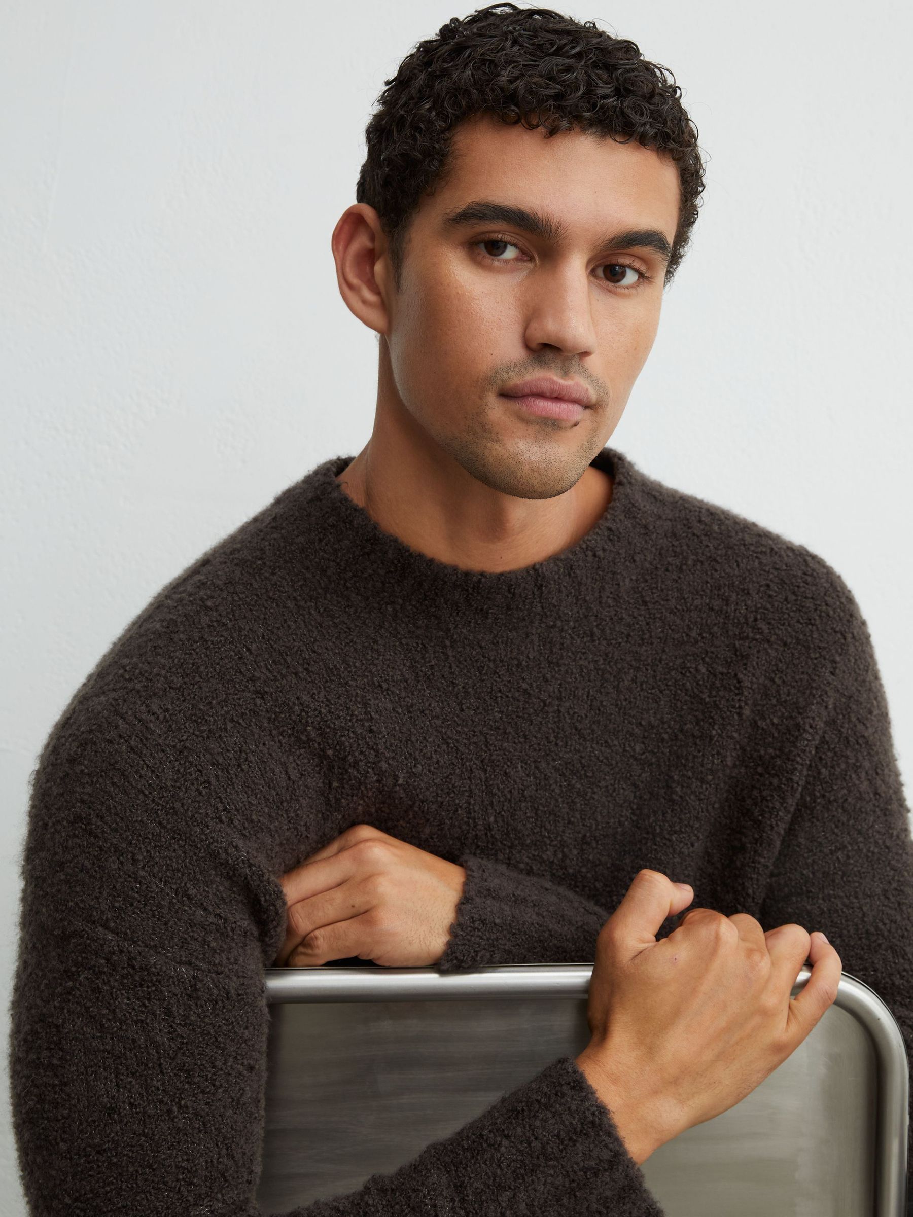 Wool-Cashmere Bouclé Square-Knit Jumper in Chocolate Brown - Image 1 of 7
