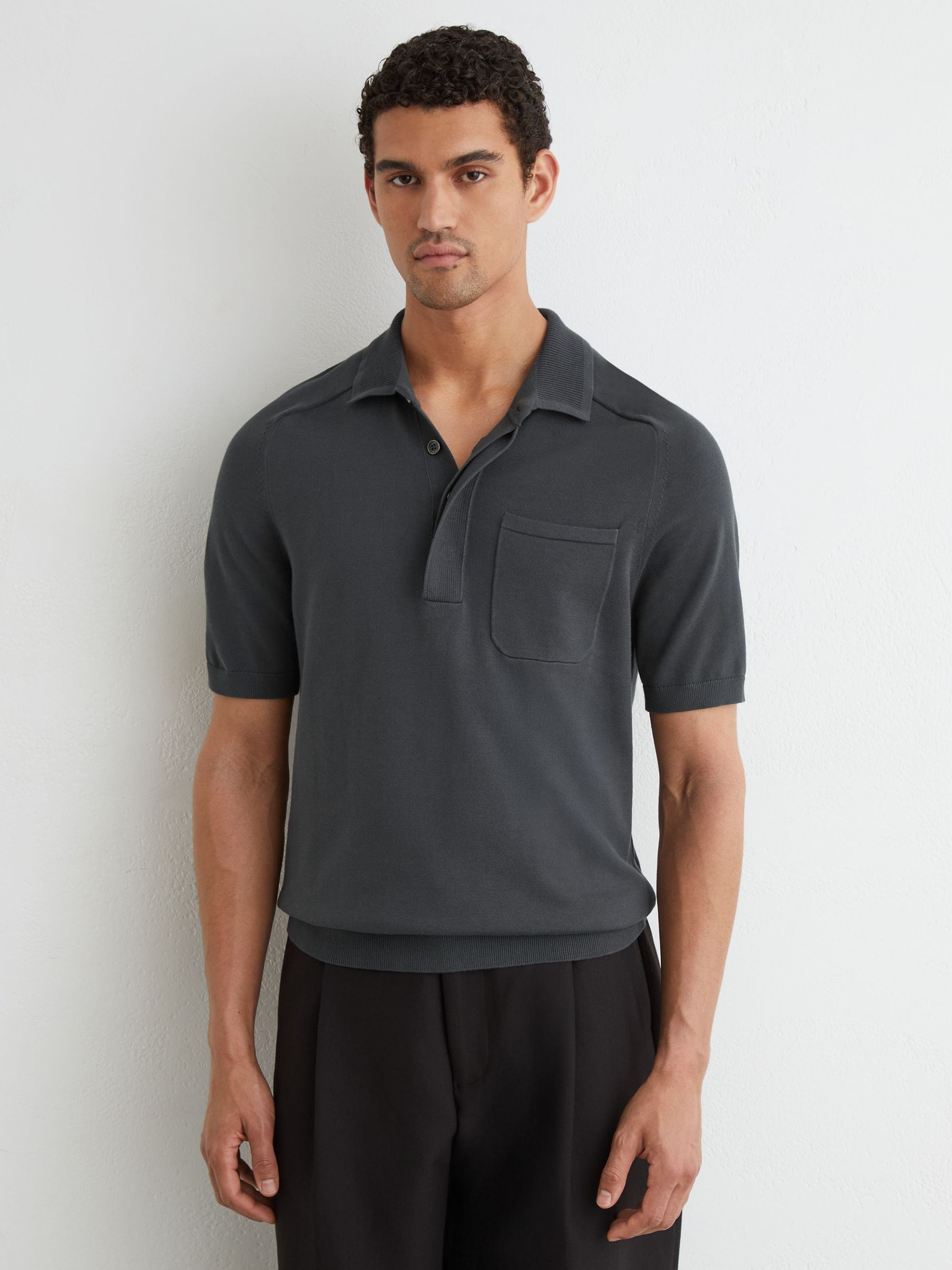 Cotton Knit Concealed-Placket Polo in Airforce Blue - Image 3 of 5