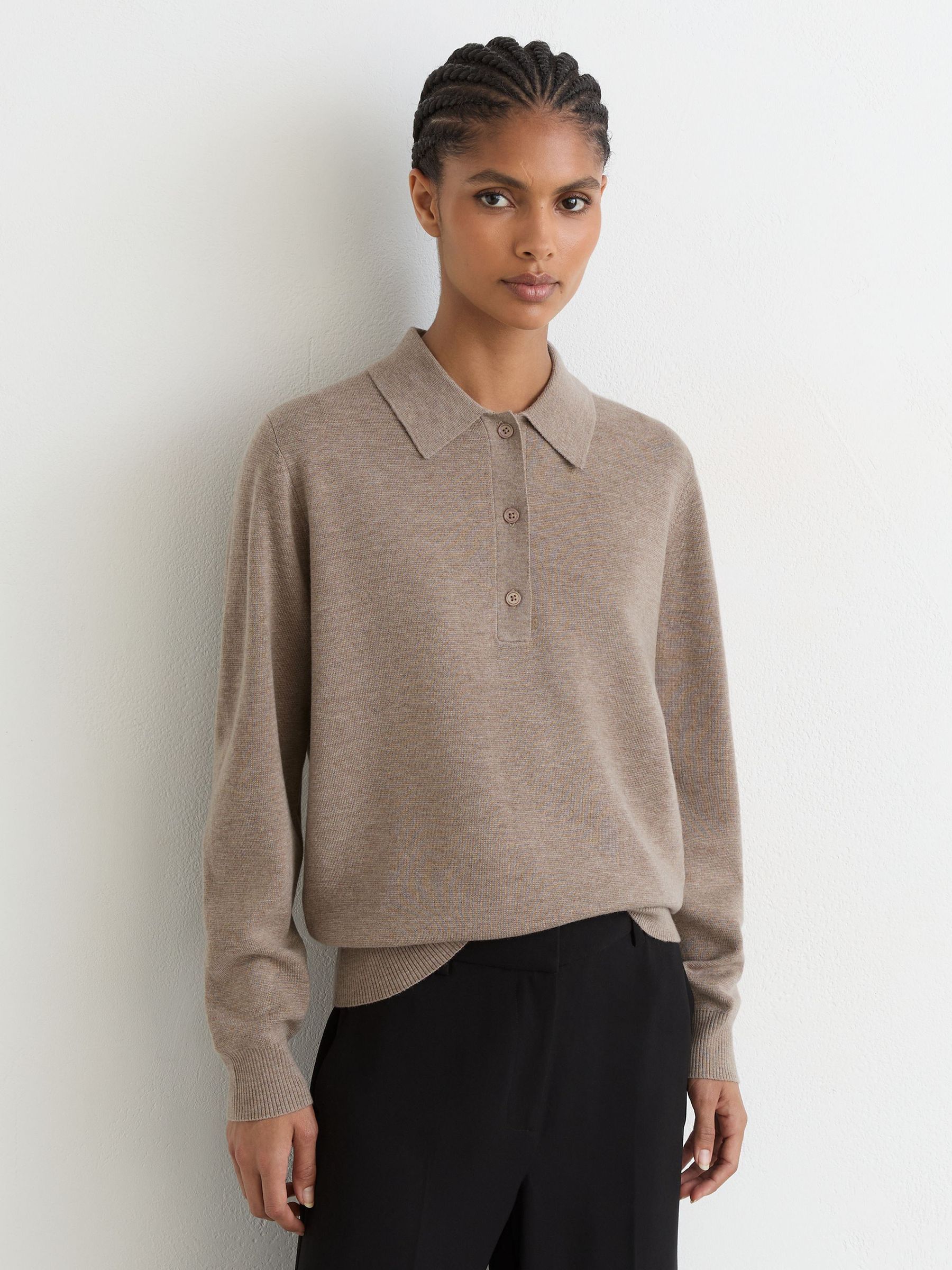Merino Wool Knitted Polo Jumper in Neutral - Image 3 of 6