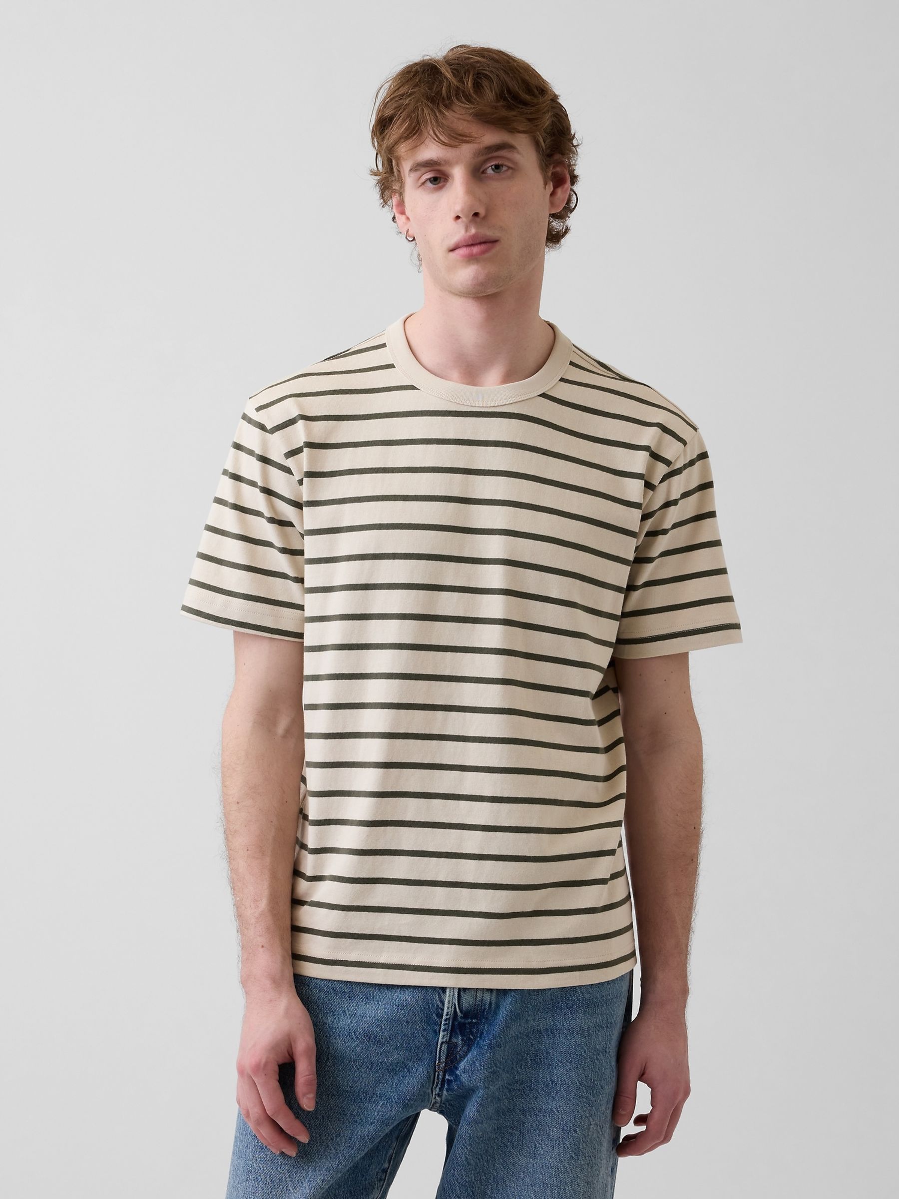 Beige/Green Stripe Heavyweight Relaxed Short Sleeve T-Shirt - Image 1 of 4