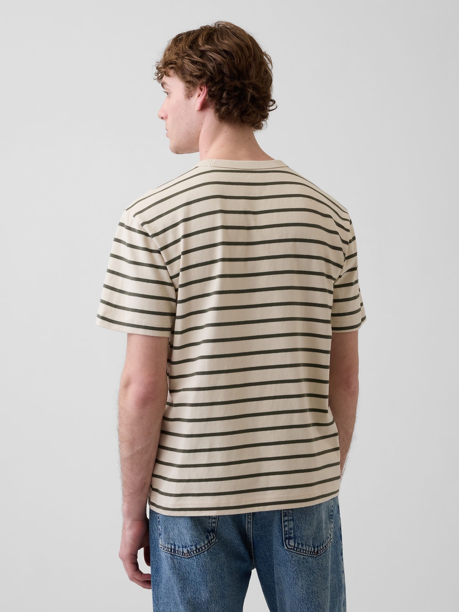 Beige/Green Stripe Heavyweight Relaxed Short Sleeve T-Shirt - Image 2 of 4