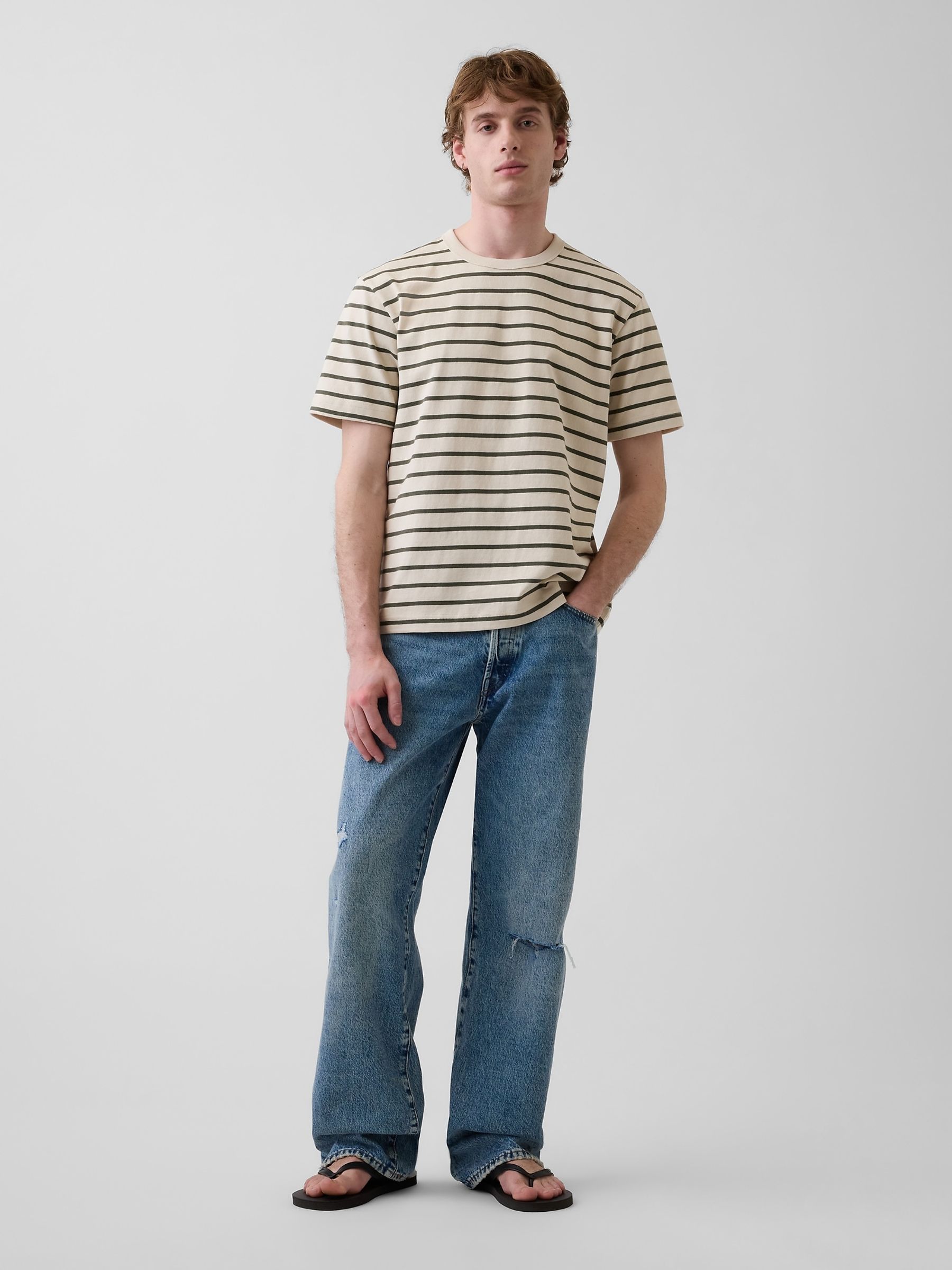 Beige/Green Stripe Heavyweight Relaxed Short Sleeve T-Shirt - Image 3 of 4