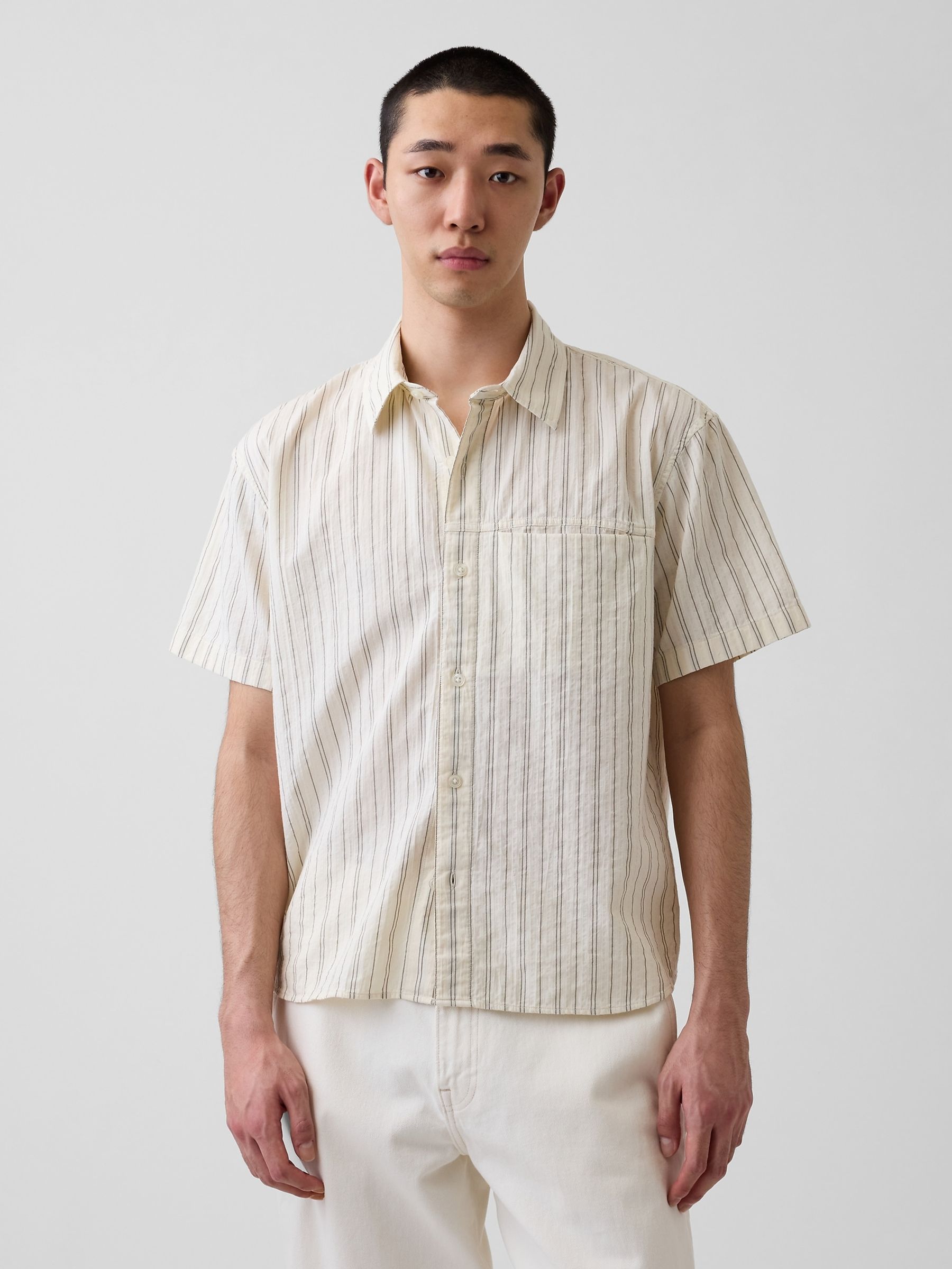 Cream Seersucker Stripe Relaxed Curved-Hem Short Sleeve Shirt - Image 1 of 4