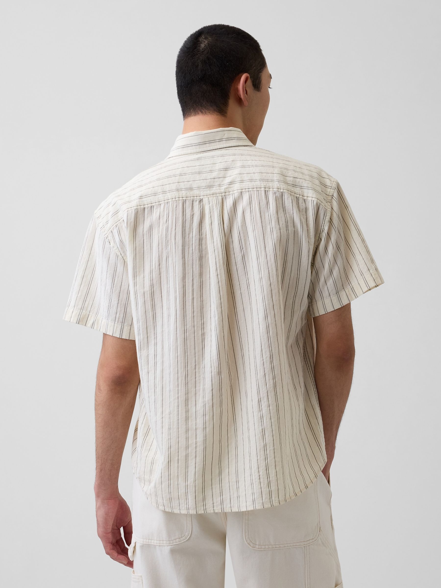 Cream Seersucker Stripe Relaxed Curved-Hem Short Sleeve Shirt - Image 2 of 4