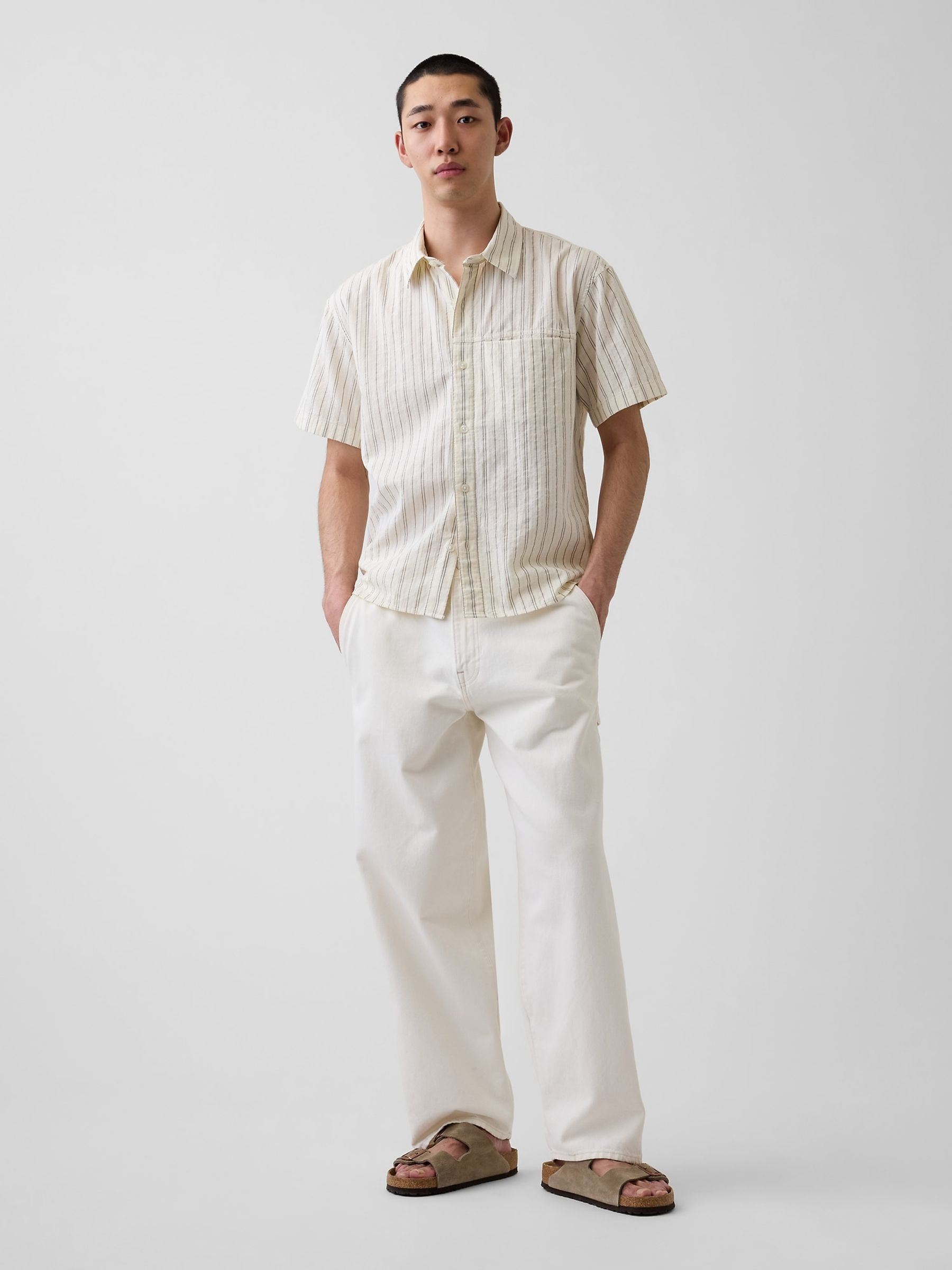 Cream Seersucker Stripe Relaxed Curved-Hem Short Sleeve Shirt - Image 3 of 4