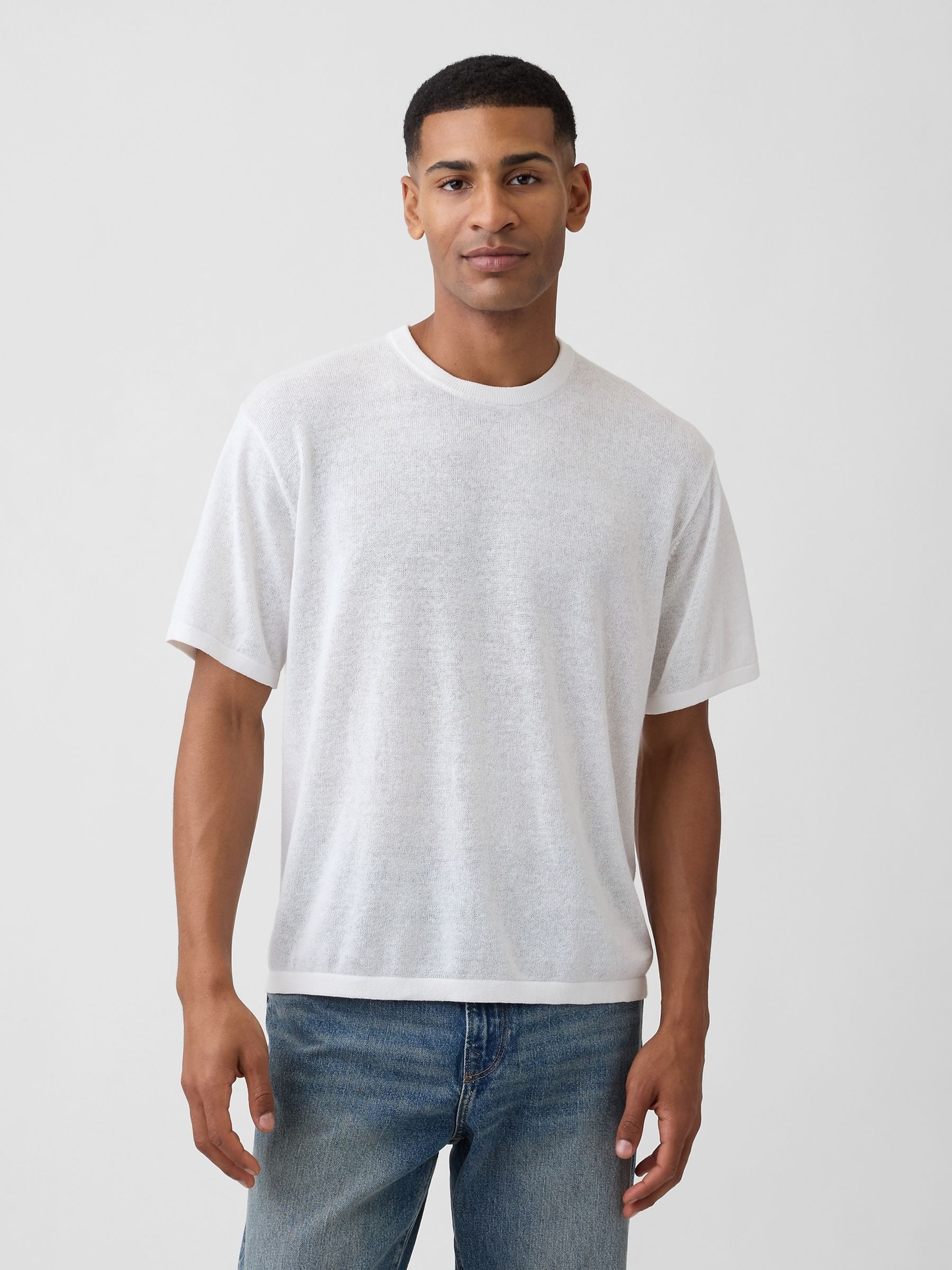 White Linen-Blend Knit Short Sleeve T-Shirt - Image 1 of 4