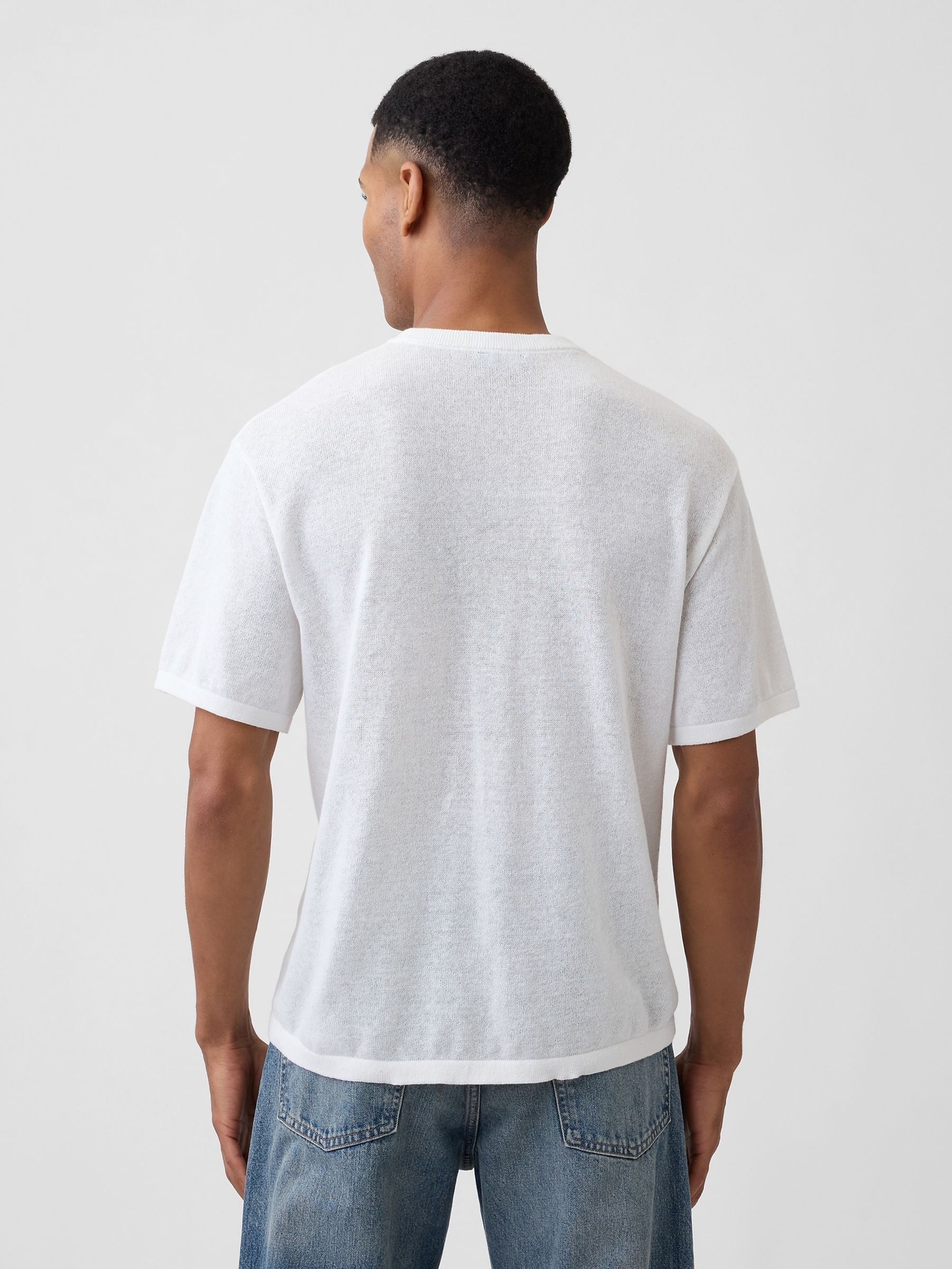 White Linen-Blend Knit Short Sleeve T-Shirt - Image 2 of 4