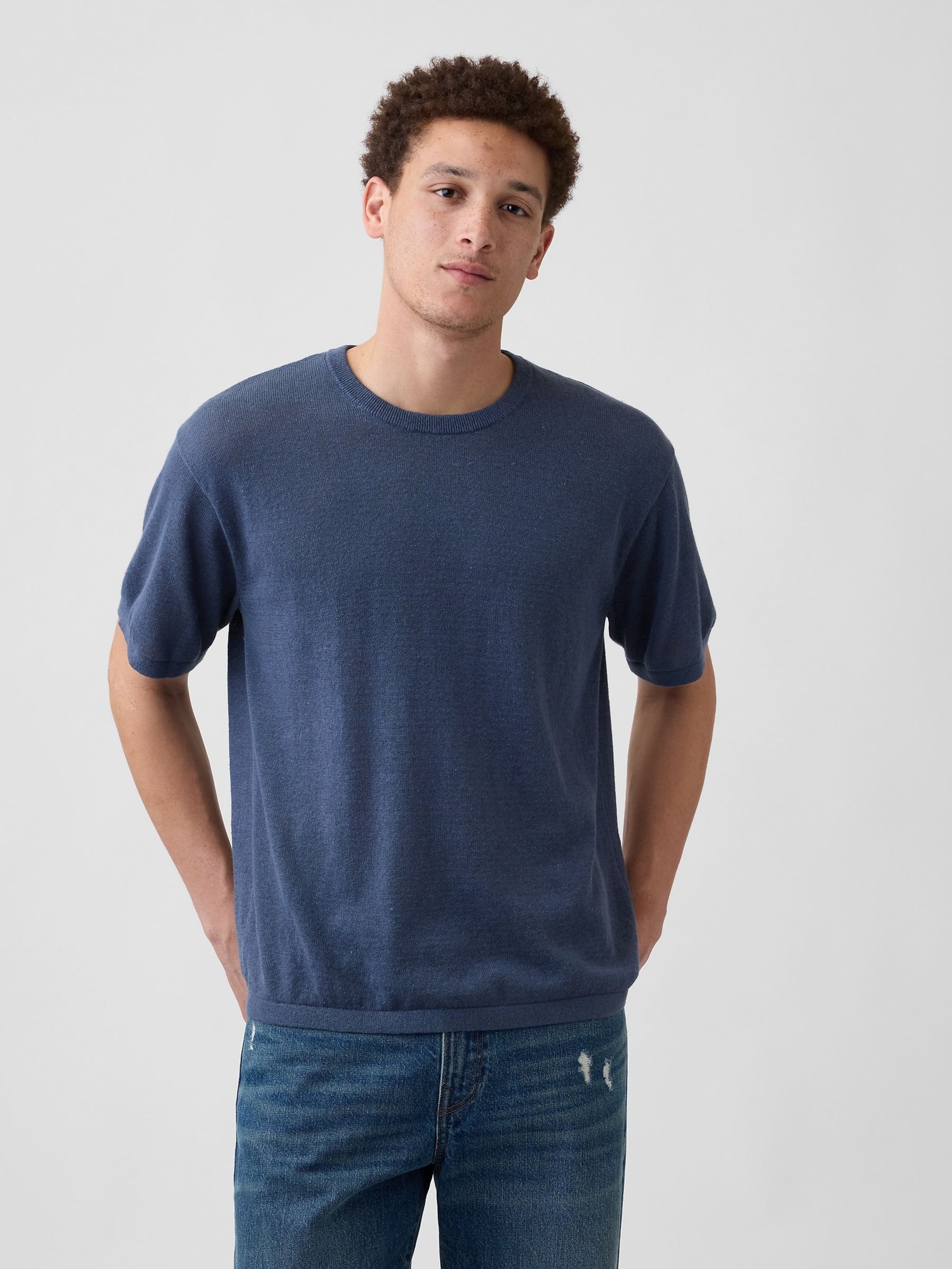 Navy Linen-Blend Knit Short Sleeve T-Shirt - Image 1 of 4